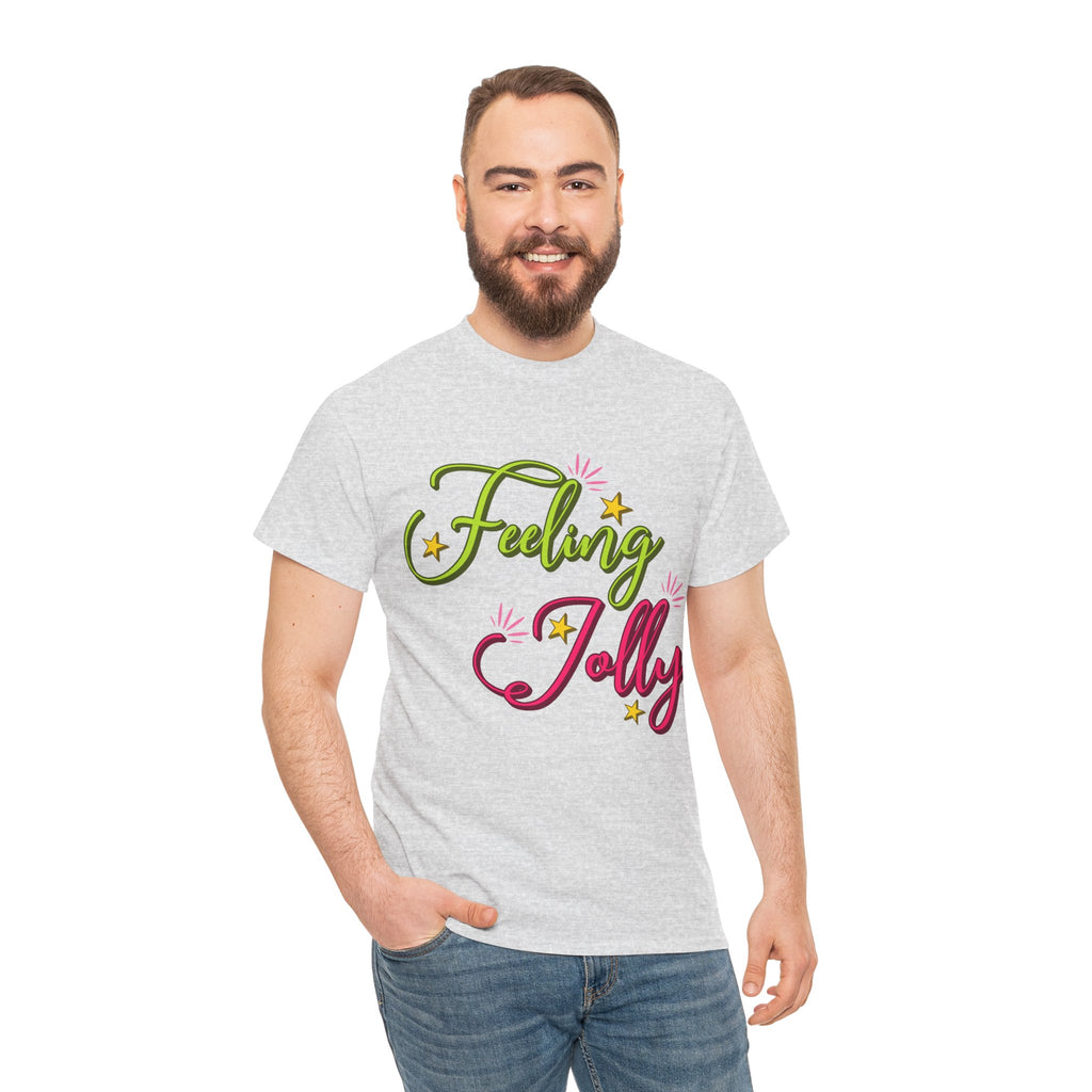 Feeling Jolly Tee — Festive Green & Pink Script with Yellow Stars Unisex Cotton Tee