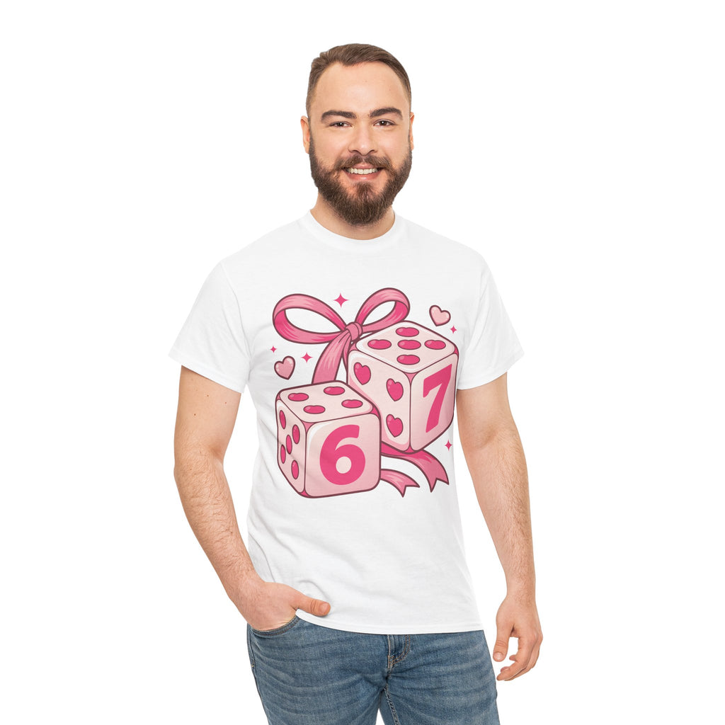Lucky Love Dice T-Shirt — Pink Heart Dice with Bow..Unisex Cotton Tee