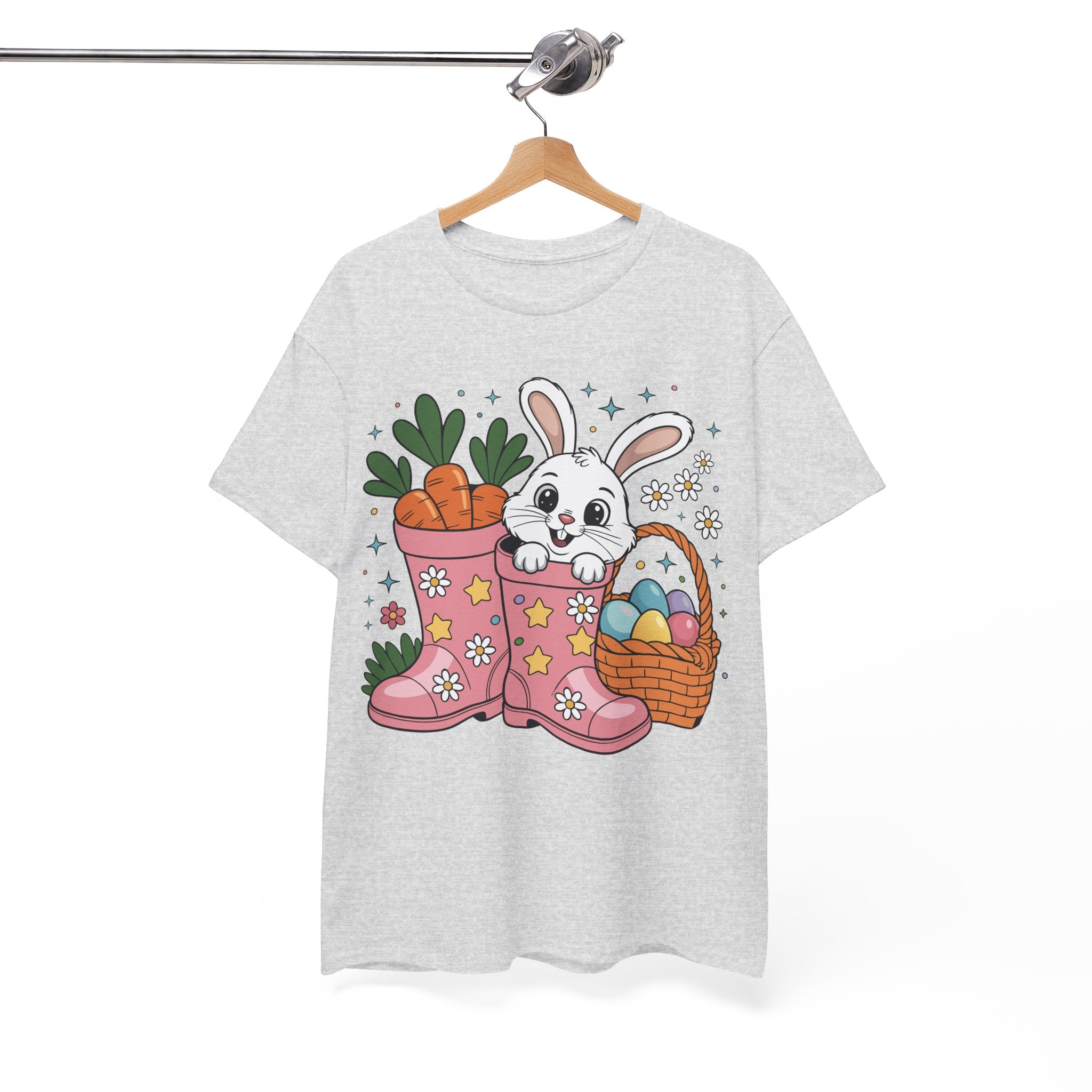 Easter Bunny in Pink Rain Boots T-Shirt — Cartoon Bunny, Carrots & Colorful Eggs Unisex Cotton Tee