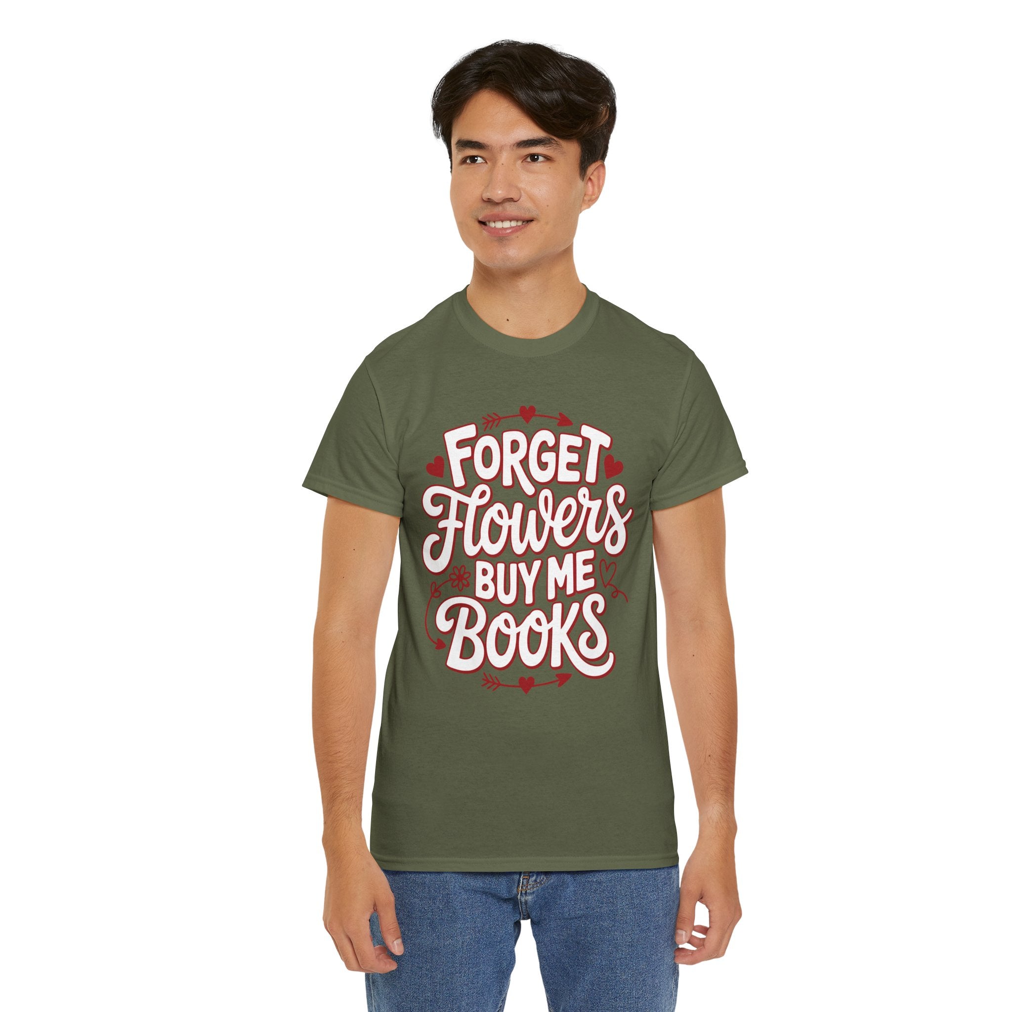 Forget Flowers Buy Me Books T-Shirt — Pink Heart Typography Unisex Cotton Tee
