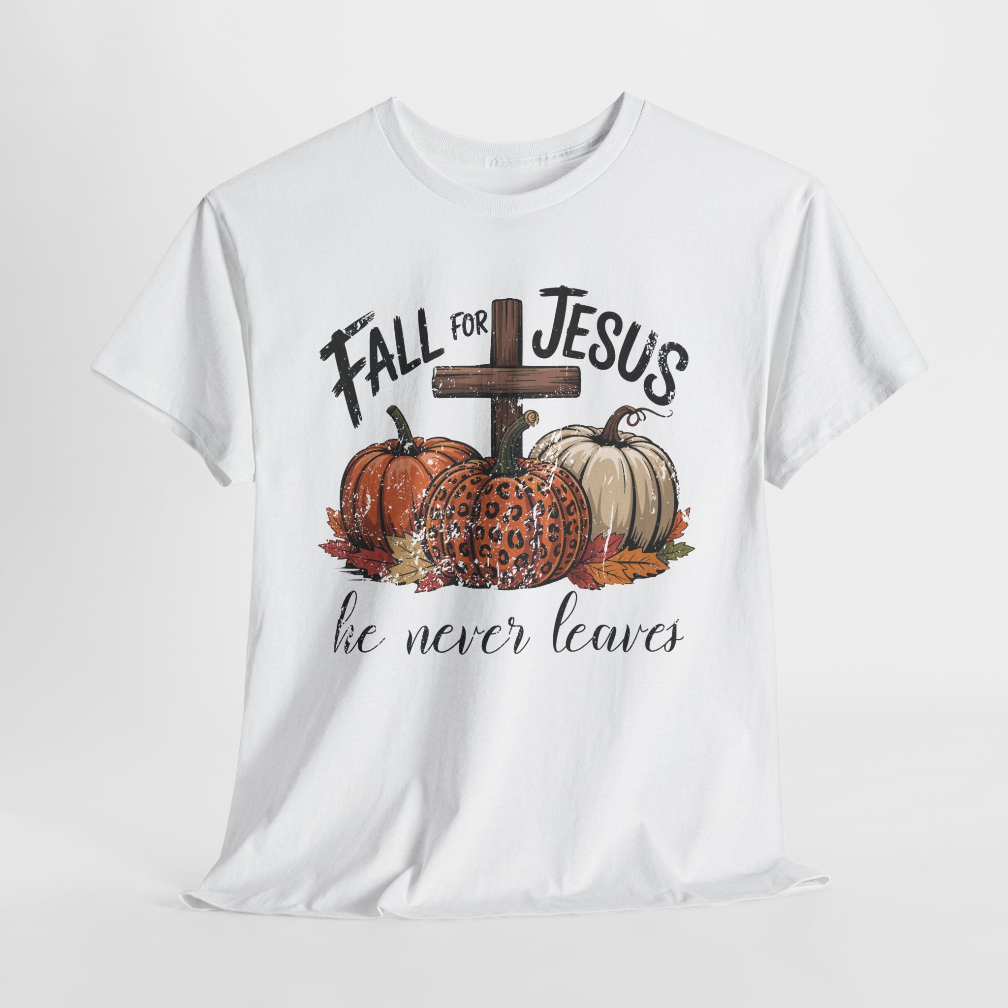 Fall for Jesus Pumpkin Cross Tee — "He Never Leaves" Autumn Christian Unisex Cotton T-Shirt