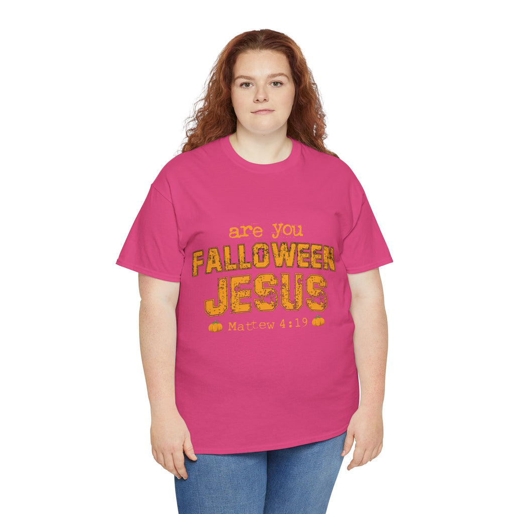 Christian Halloween T-Shirt — “Are You Falloween Jesus? Matthew 4:19” Distressed Pumpkin Design. Unisex Cotton Tee
