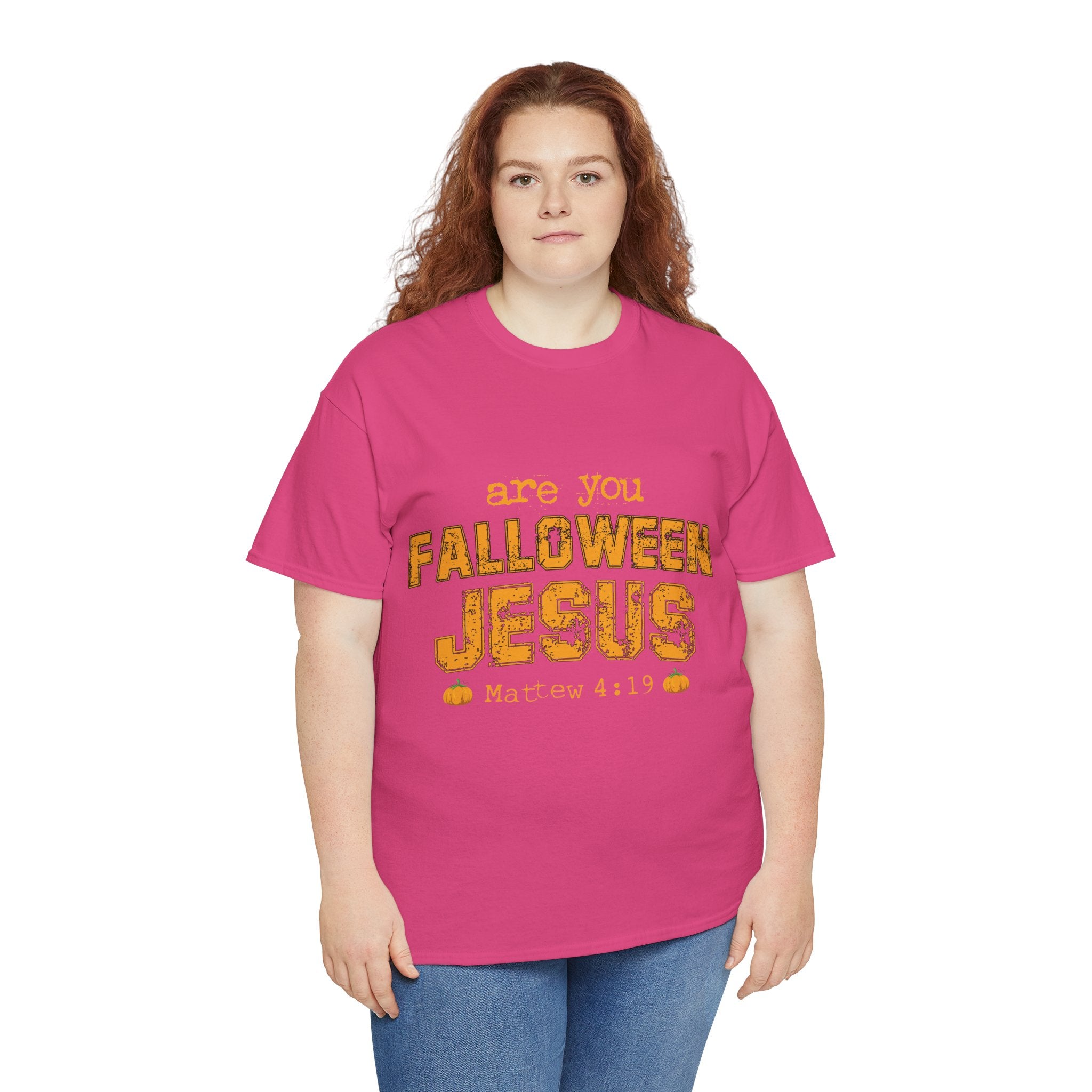 Christian Halloween T-Shirt — “Are You Falloween Jesus? Matthew 4:19” Distressed Pumpkin Design. Unisex Cotton Tee