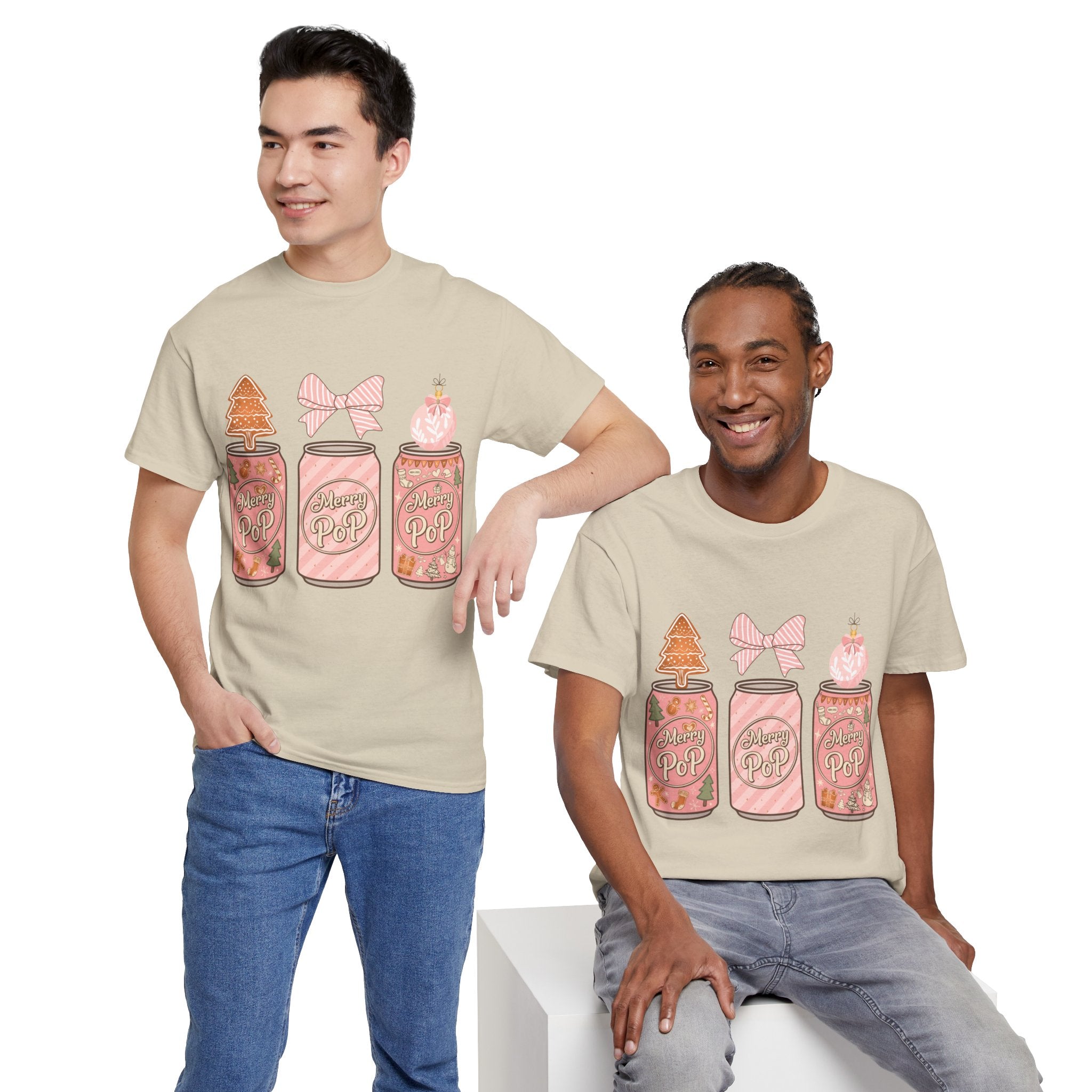 Merry Pop Christmas Soda Can Tee — Pastel Holiday Graphic Unisex Cotton T-Shirt