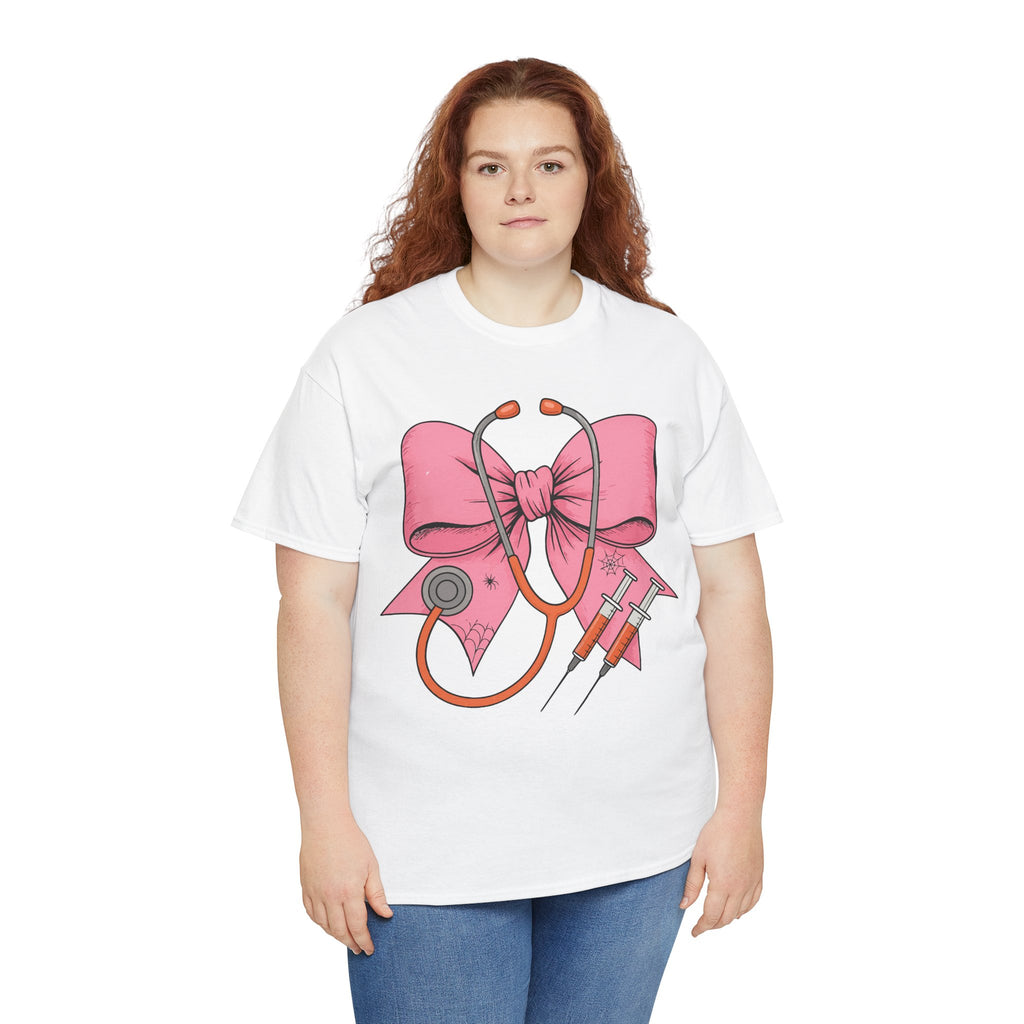 Halloween Nurse T‑Shirt — Pink Nurse Bow with Stethoscope, Syringes & Spider Webs..Unisex Cotton Tee