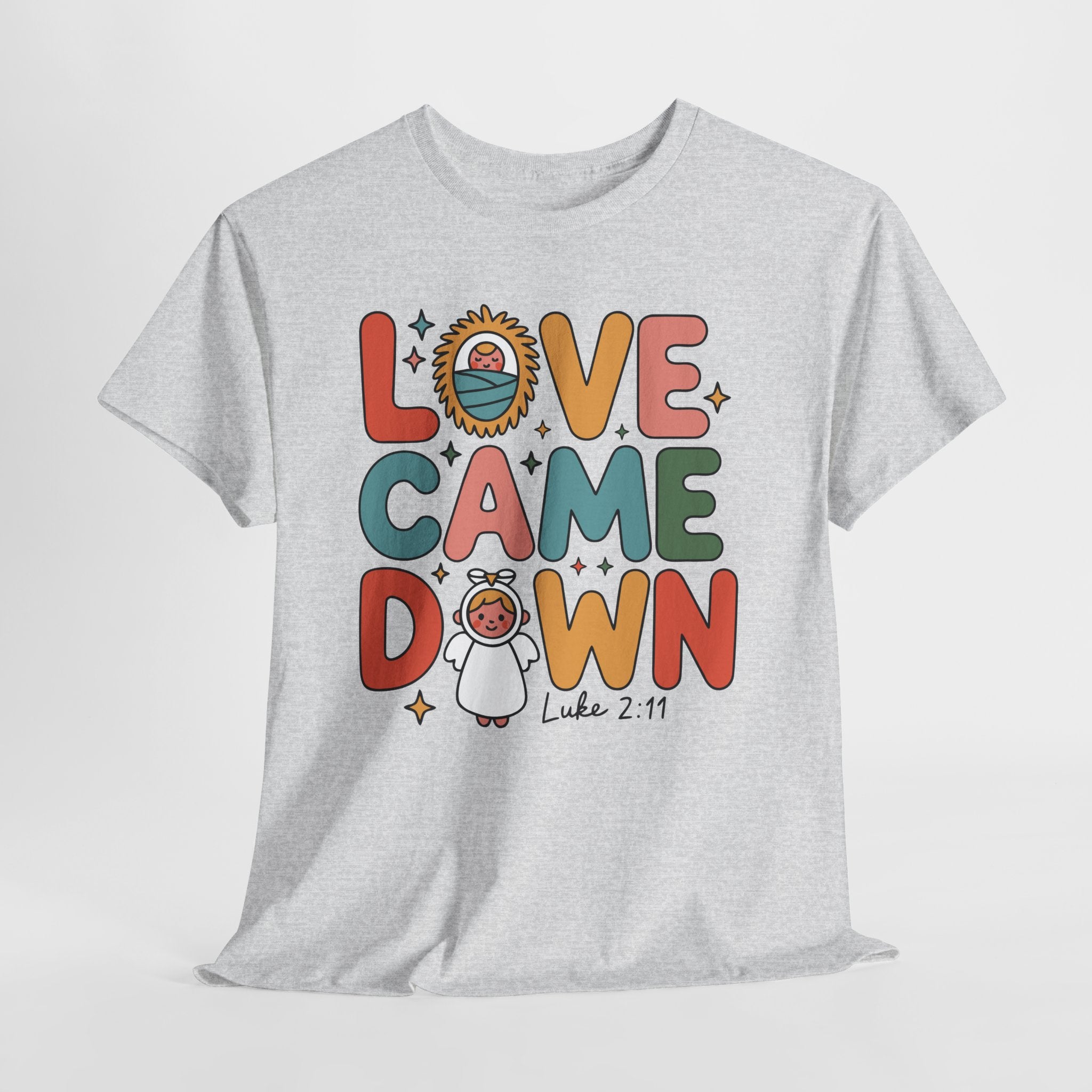 Love Came Down Christmas Tee — Baby Jesus Manger Angel (Luke 2:11)..Unisex Cotton Tee