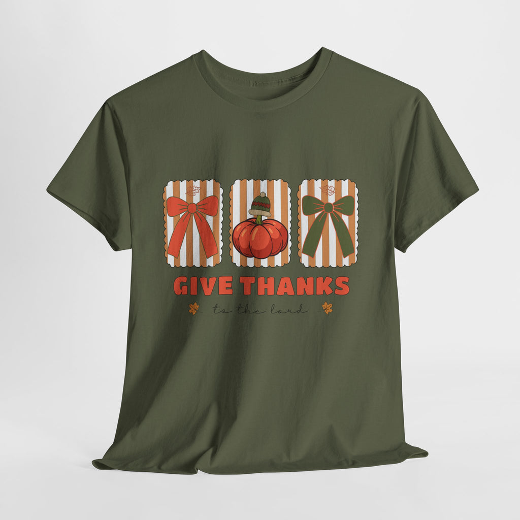 Give Thanks Thanksgiving T-Shirt — Pumpkin with Hat & Bows Unisex Cotton Tee