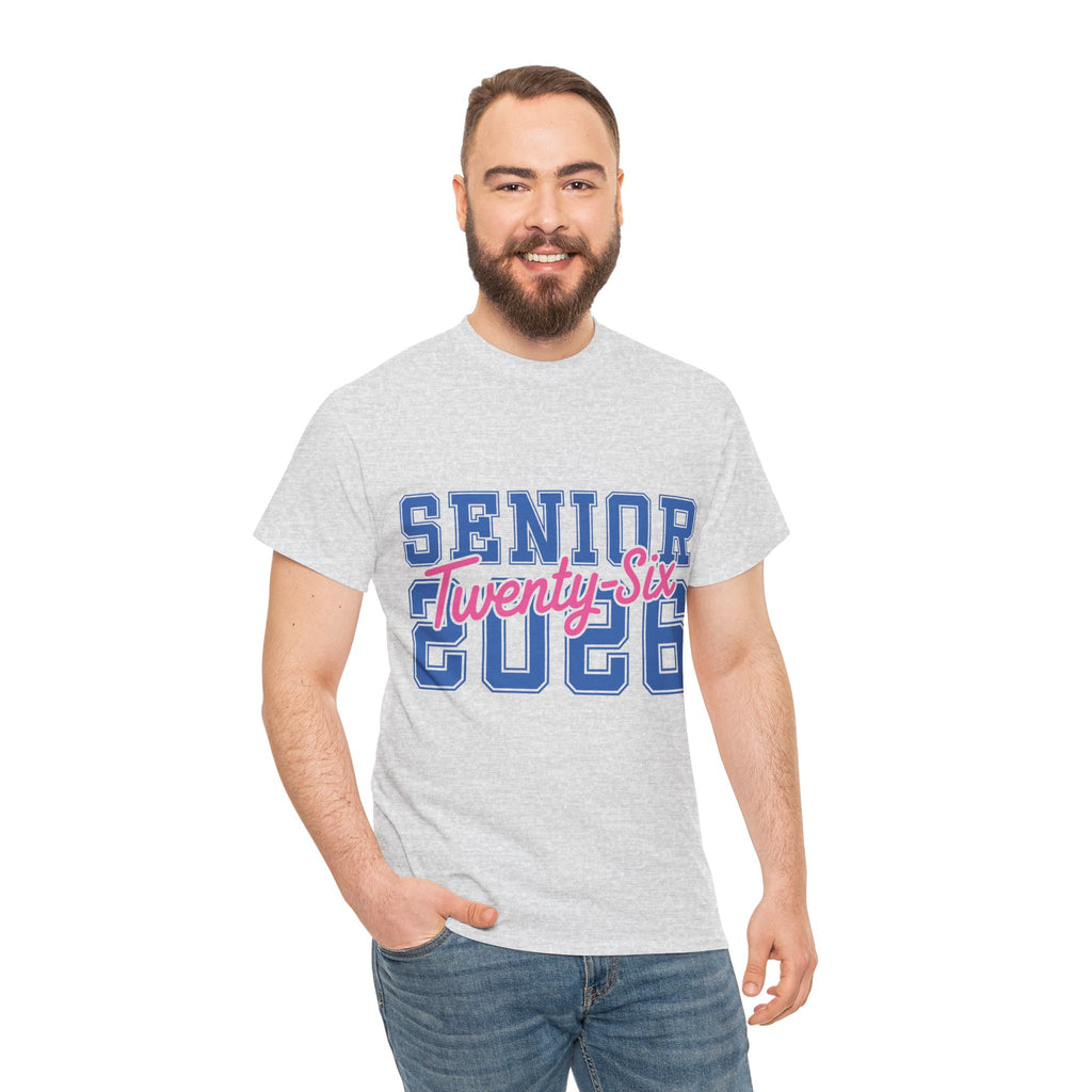 Senior 2026 Tee — Pink Varsity Block with Blue Script Overlay Unisex Cotton Tee