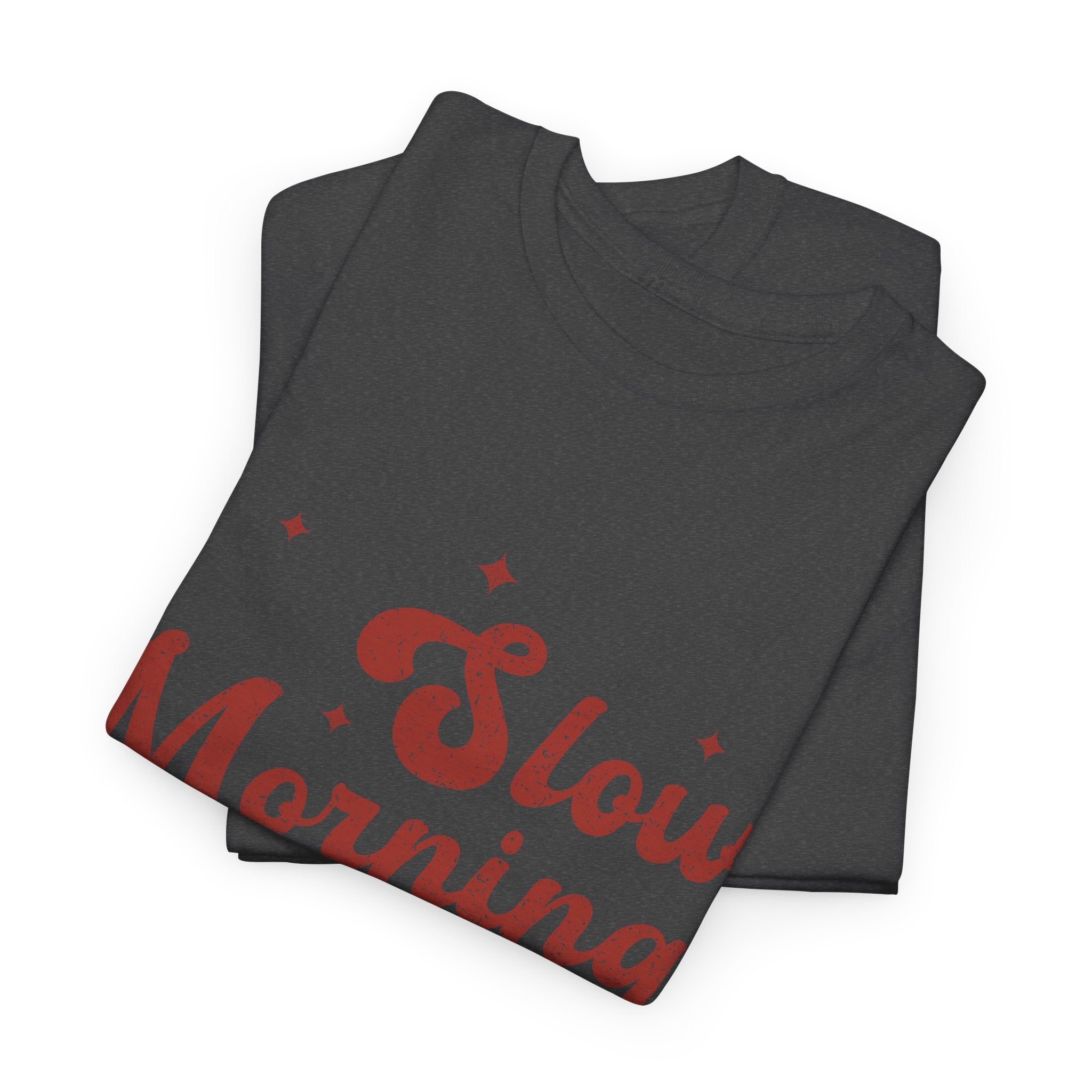 Slow Mornings Club T-Shirt — Retro Red Sparkle Unisex Cotton Tee
