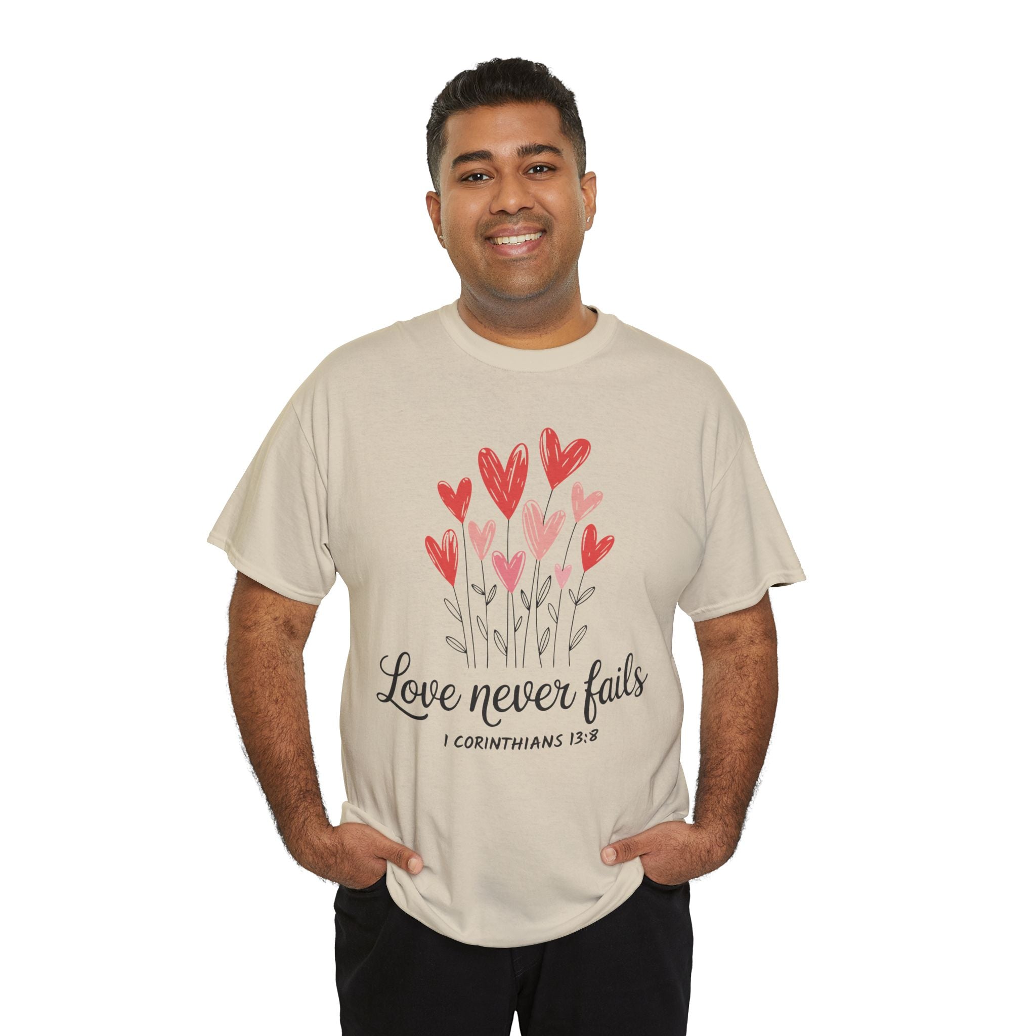 Christian Valentine T-Shirt — "Love Never Fails" (1 Corinthians 13:8) Unisex Cotton Tee