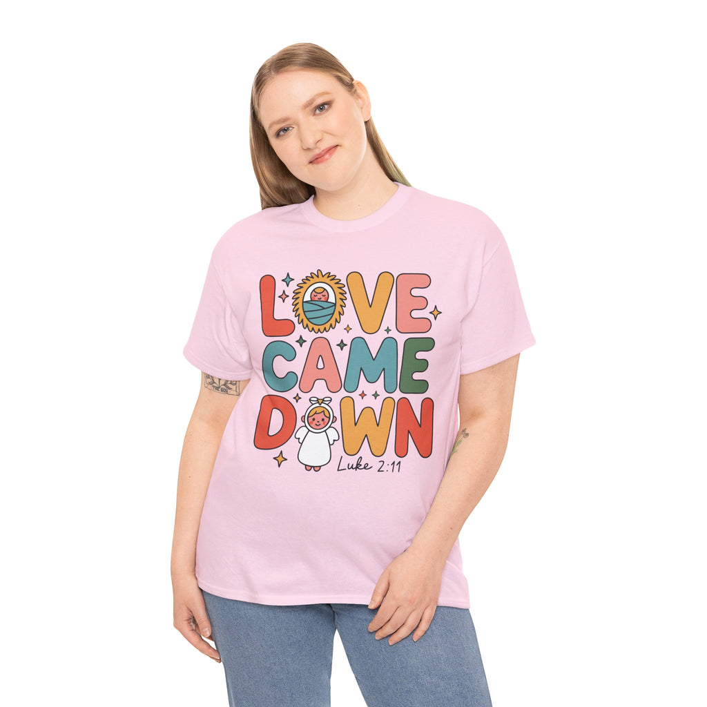 Love Came Down Christmas Tee — Baby Jesus Manger Angel (Luke 2:11)..Unisex Cotton Tee