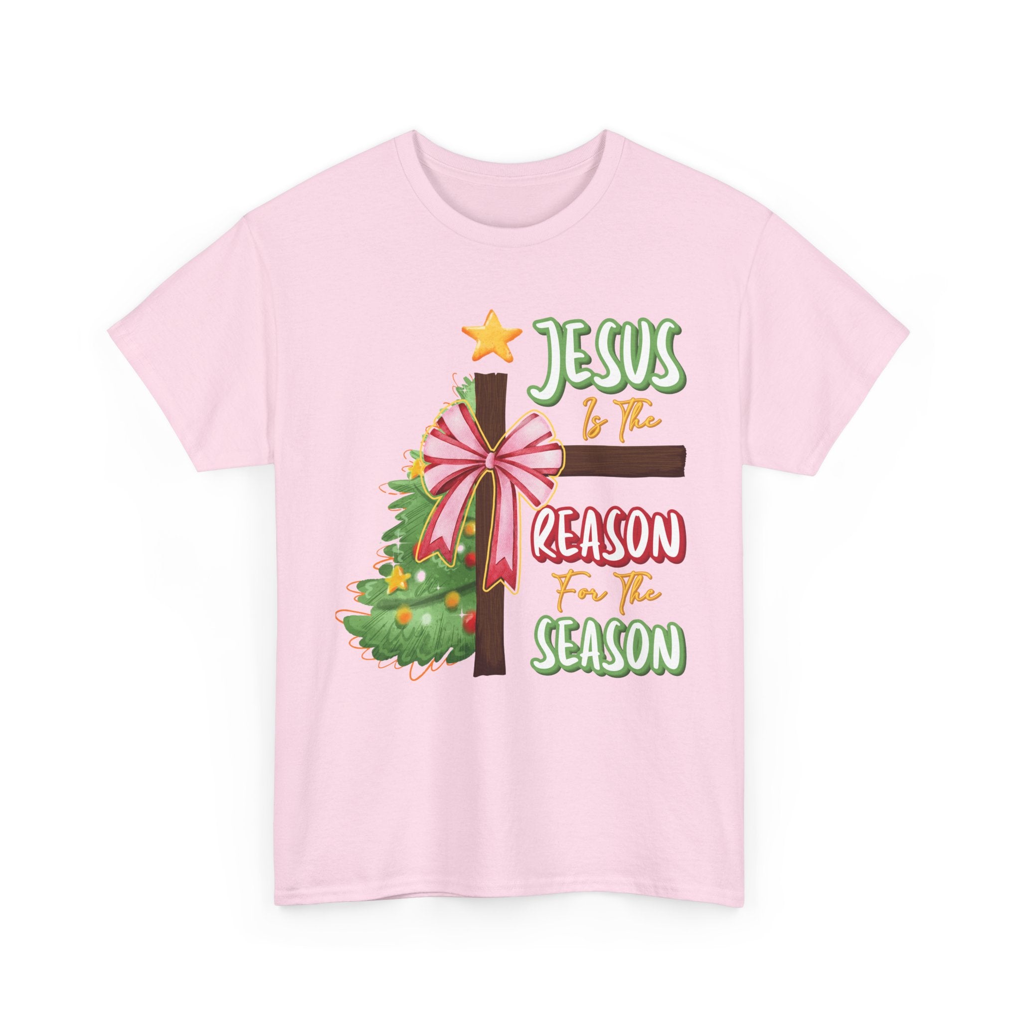 Jesus Is the Reason for the Season Christmas Tee — Cross with Pink Bow & Tree. Unisex Cotton Tee