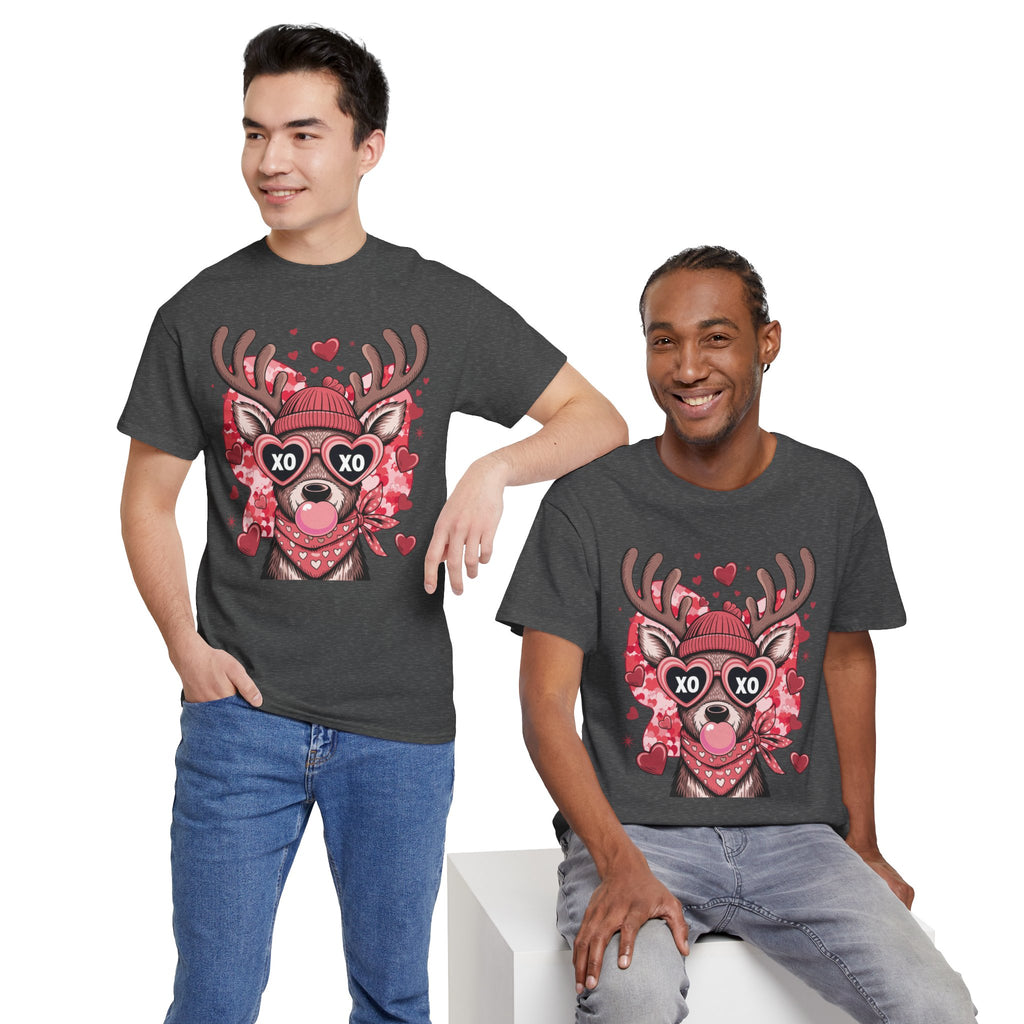 Valentine Deer Tee — Cute XO Heart Glasses, Beanie & Scarf Unisex Cotton Tshirt