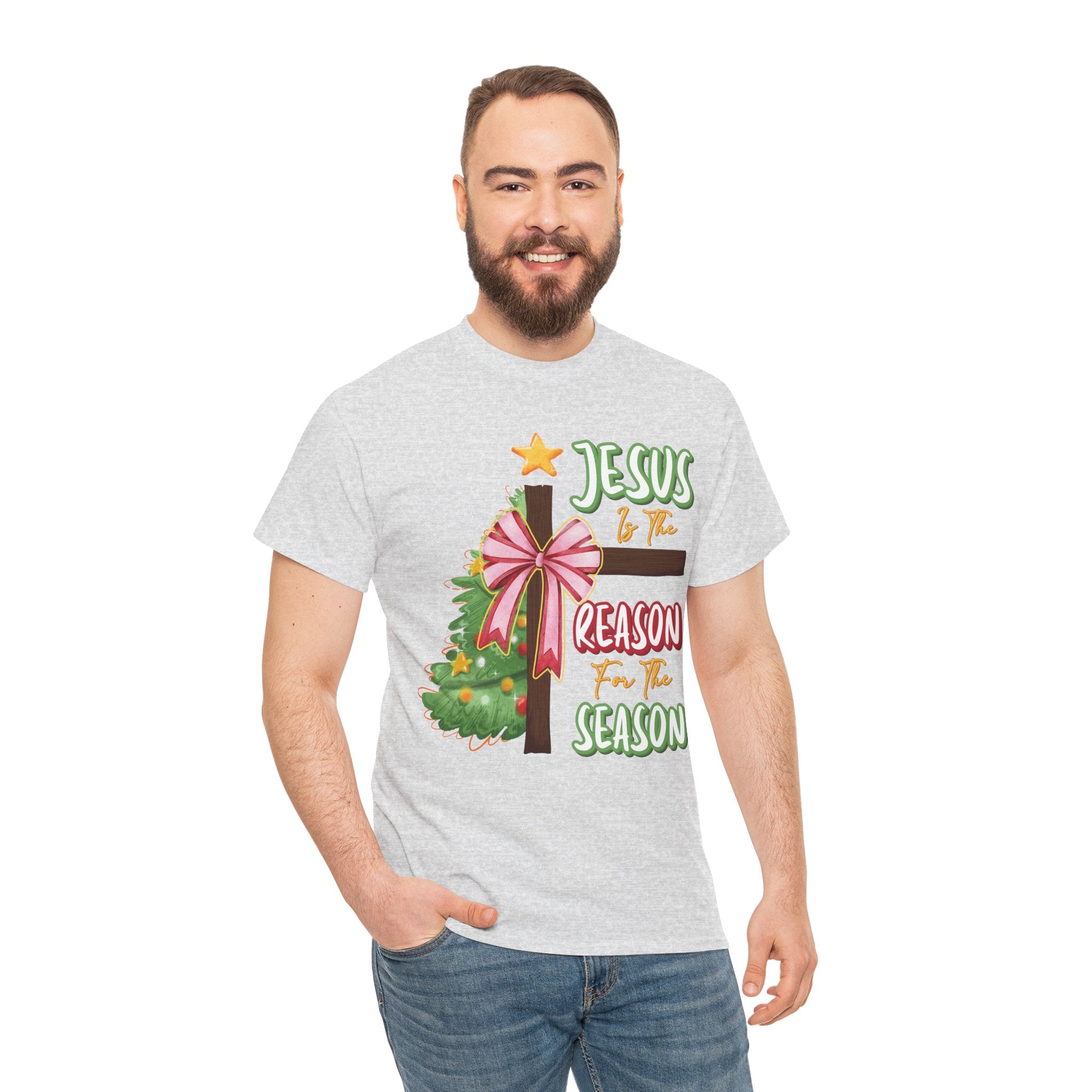 Jesus Is the Reason for the Season Christmas Tee — Cross with Pink Bow & Tree. Unisex Cotton Tee