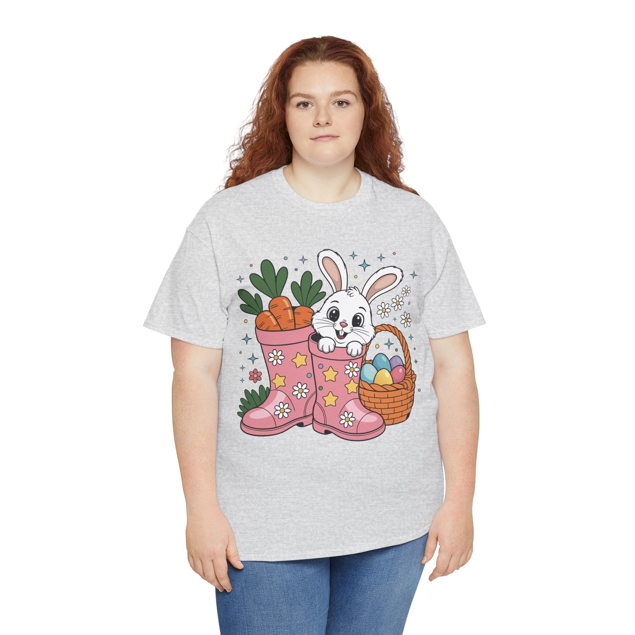 Easter Bunny in Pink Rain Boots T-Shirt — Cartoon Bunny, Carrots & Colorful Eggs Unisex Cotton Tee