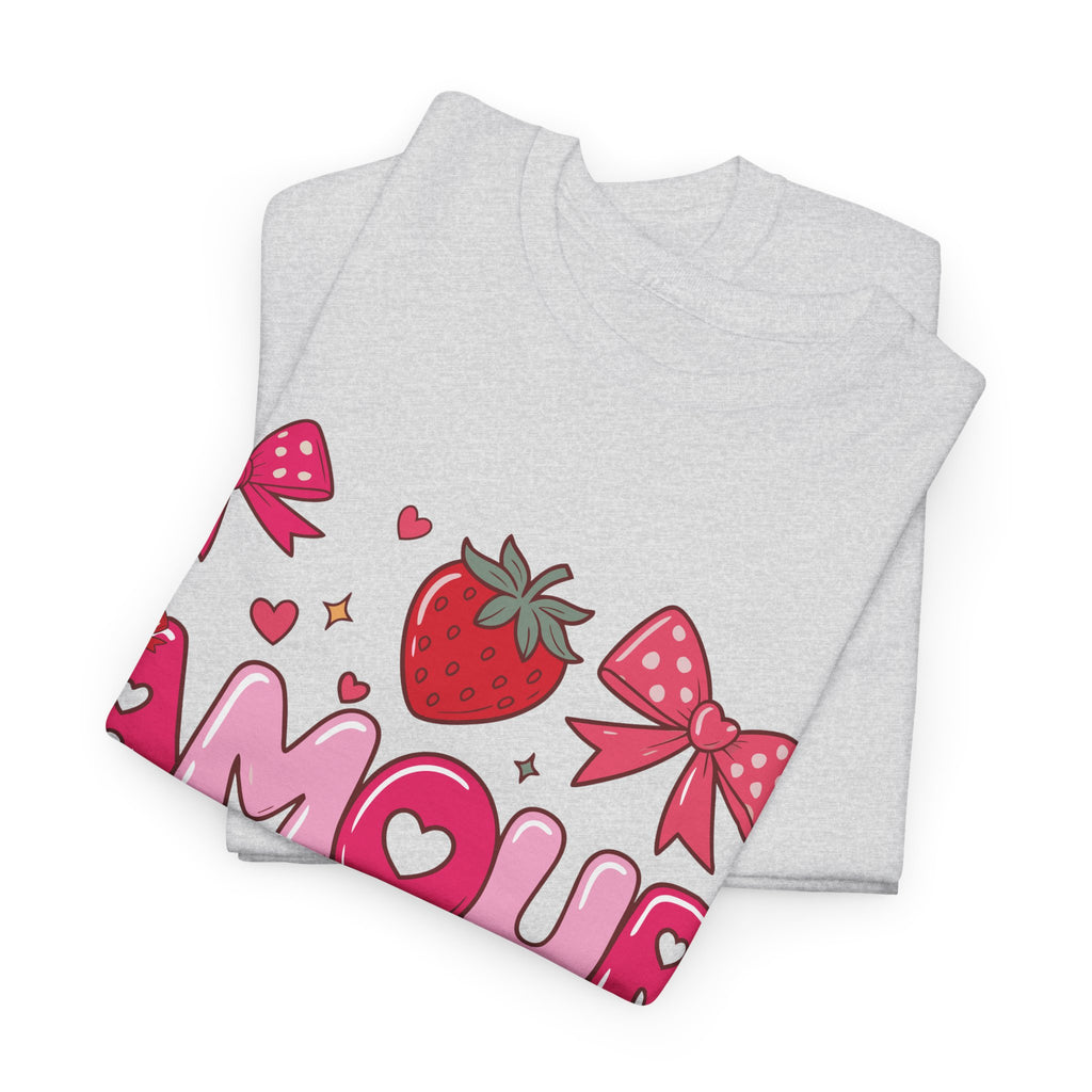 Amour Pink Hearts Tee — Shiny Lettering with Bows, Cherries & Strawberry Accent...Unisex Cotton Tee