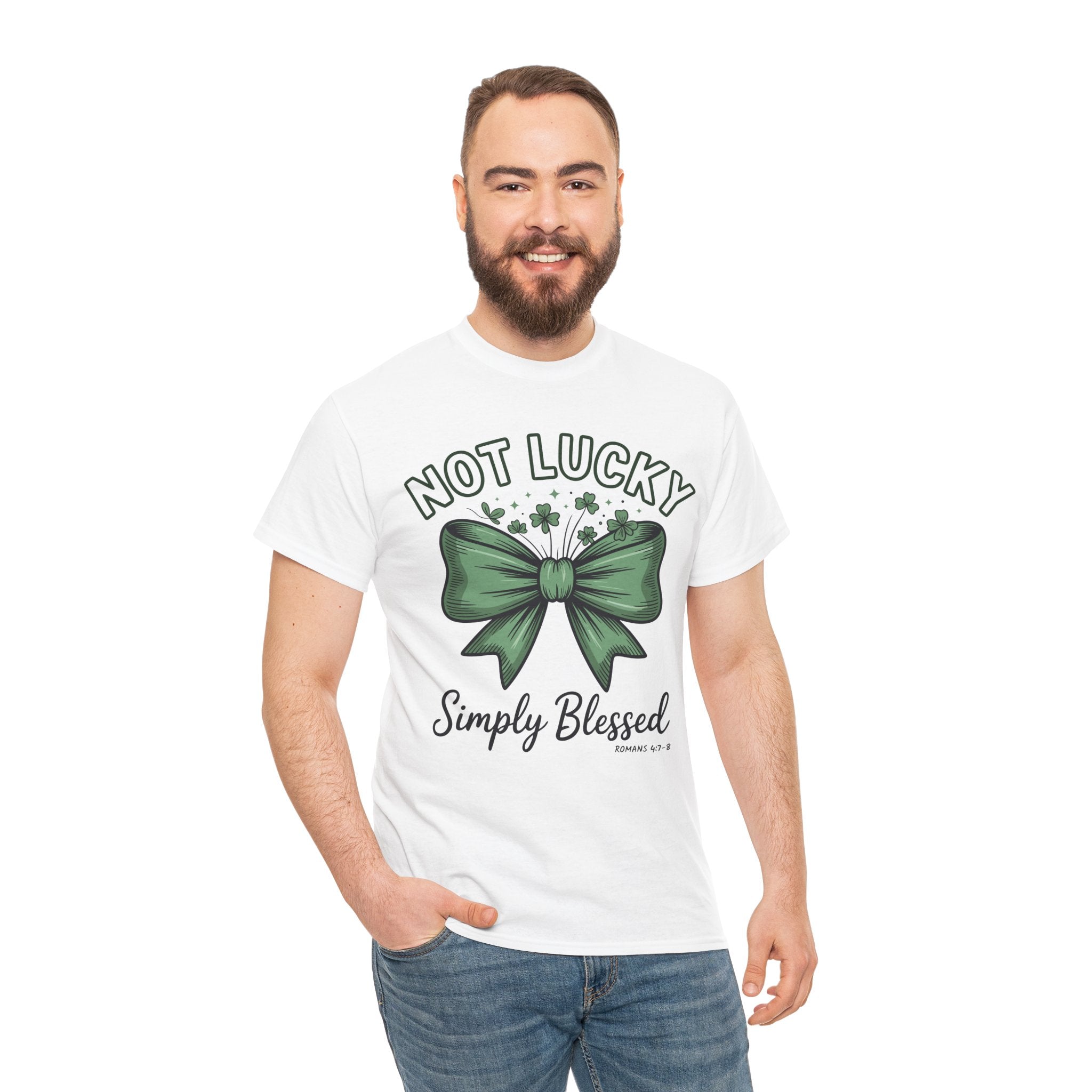 Not Lucky, Simply Blessed T-Shirt — Green Bow & Clovers St. Patrick’s Unisex Cotton Tee