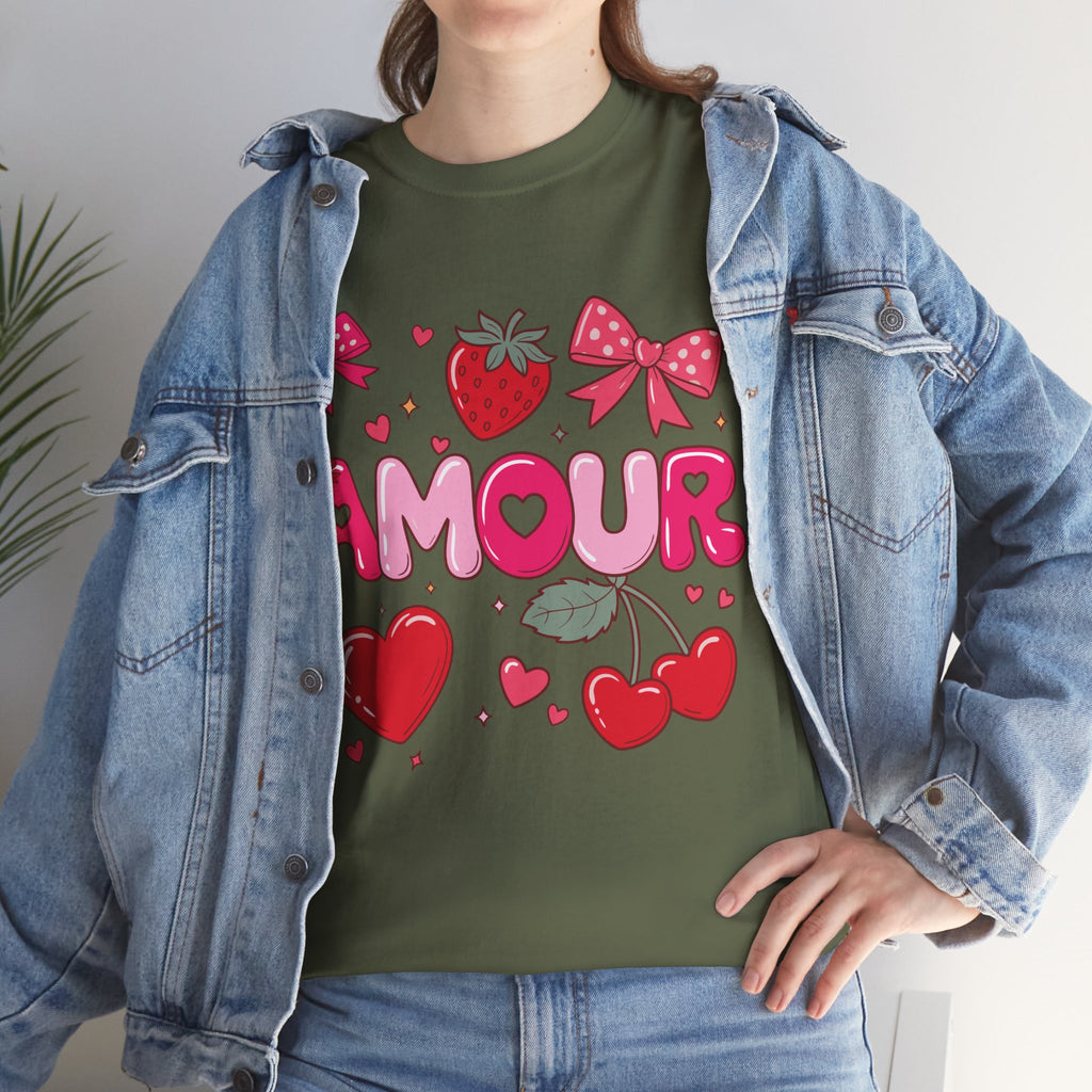 Amour Pink Hearts Tee — Shiny Lettering with Bows, Cherries & Strawberry Accent...Unisex Cotton Tee