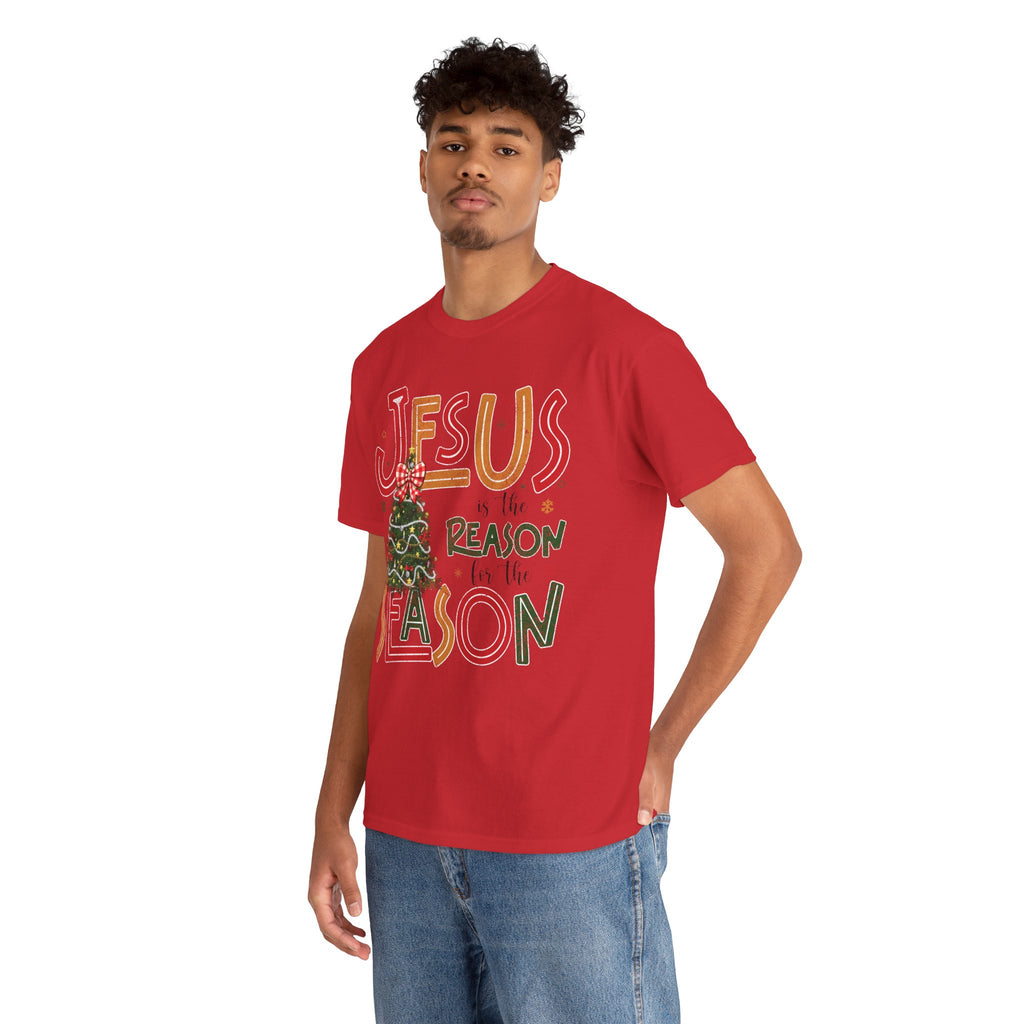 Jesus Is the Reason for the Season Christmas T-Shirt — Plaid Bow Tree..Unisex Cotton Tee