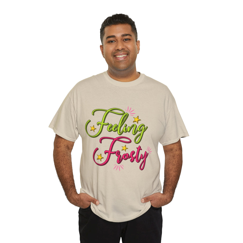 Feeling Frosty Holiday T-Shirt — Green & Pink Script Stars.Unisex Cotton Tee
