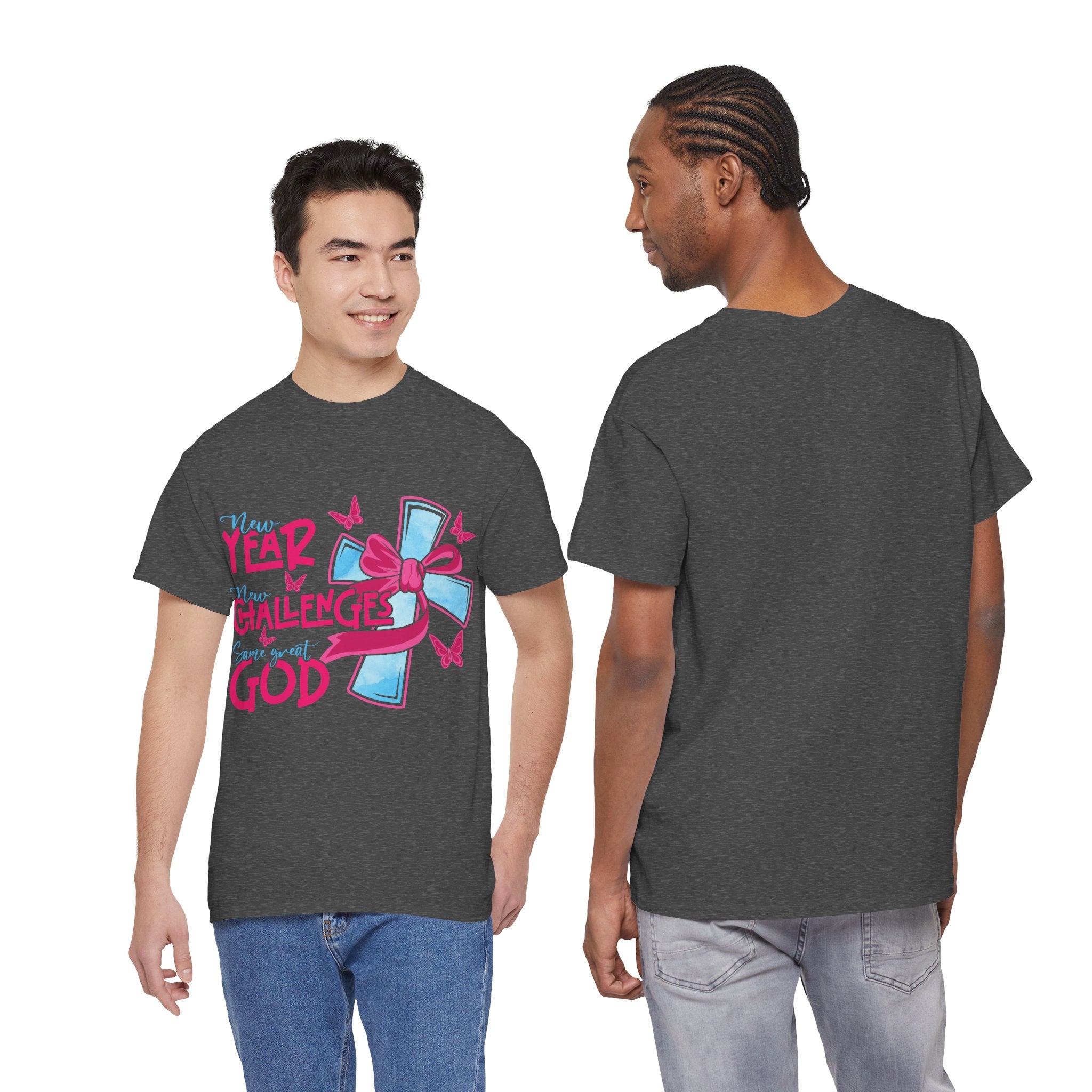 Christian T-Shirt — “New Year, New Challenges, Same Great God” with Pink Bow Cross & Butterflies. Unisex Cotton Tee