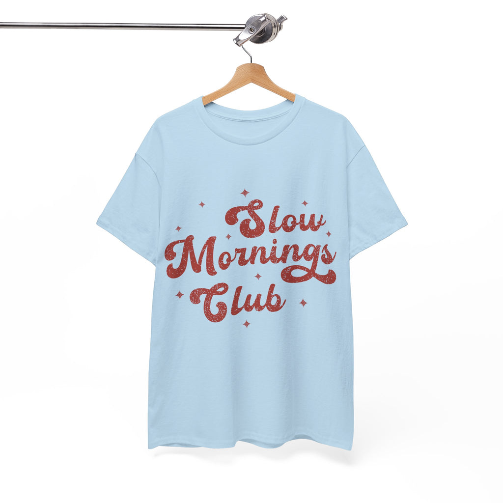 Slow Mornings Club T-Shirt — Retro Red Sparkle Unisex Cotton Tee