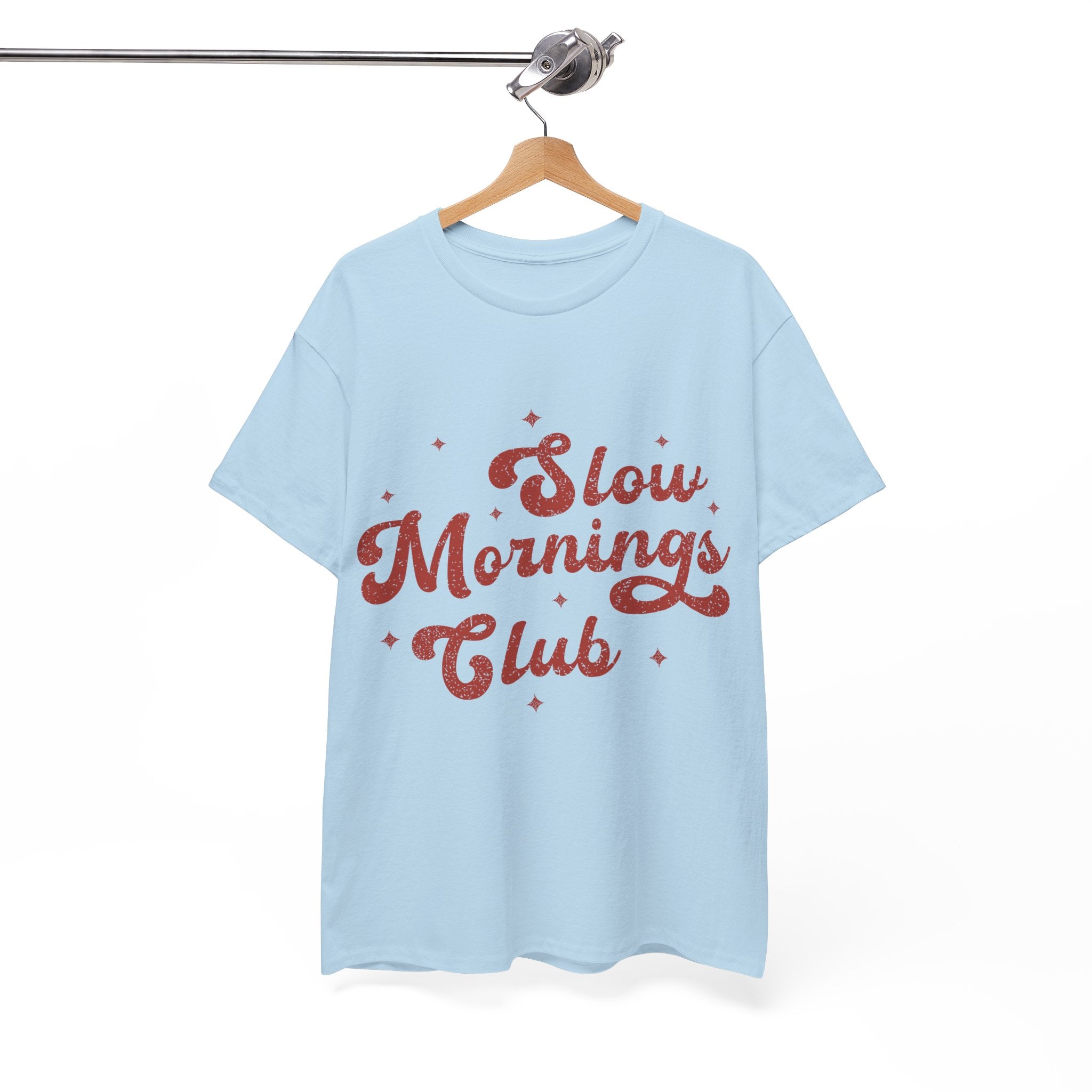 Slow Mornings Club T-Shirt — Retro Red Sparkle Unisex Cotton Tee