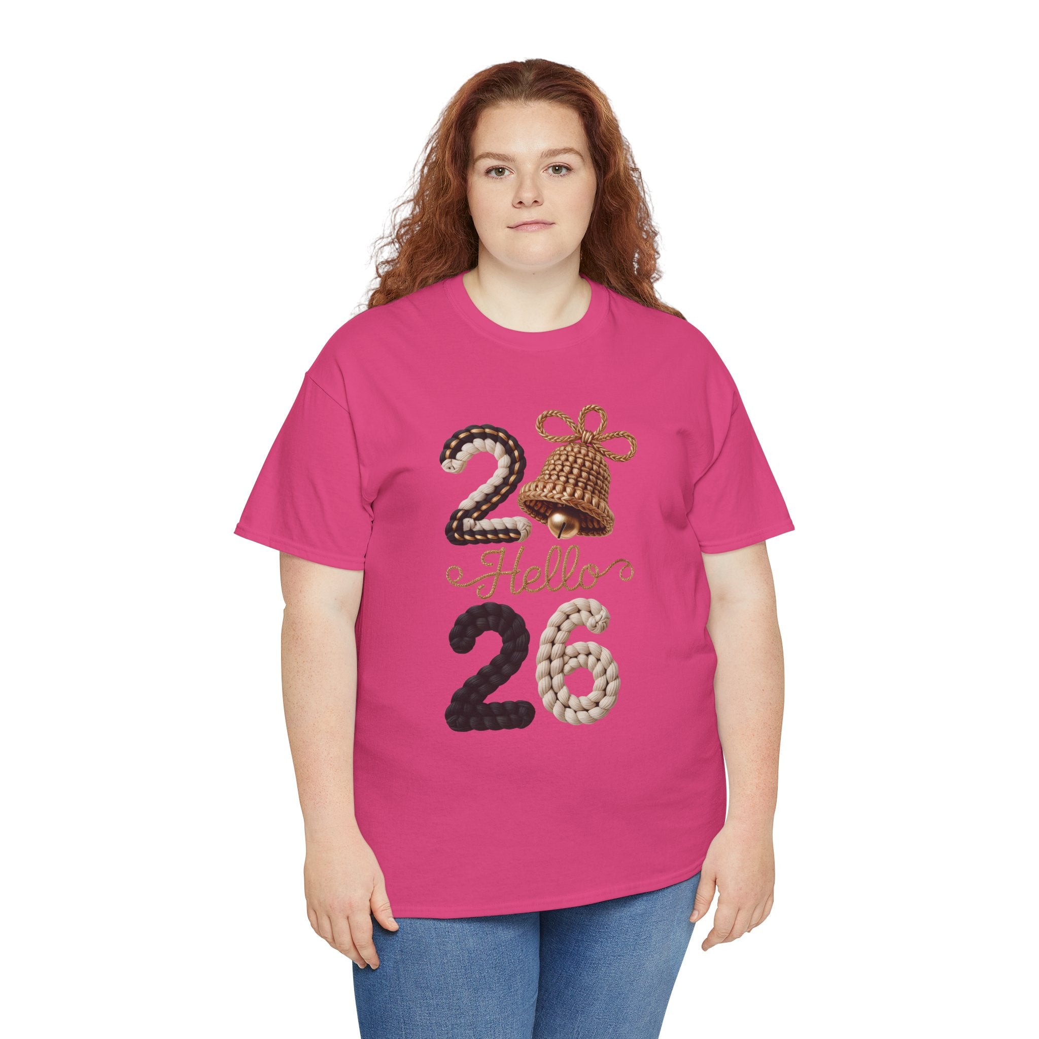 Hello 2026 Tee — Cozy Faux Yarn Braided Numbers with Woven Golden Bell..Unisex Cotton Tee