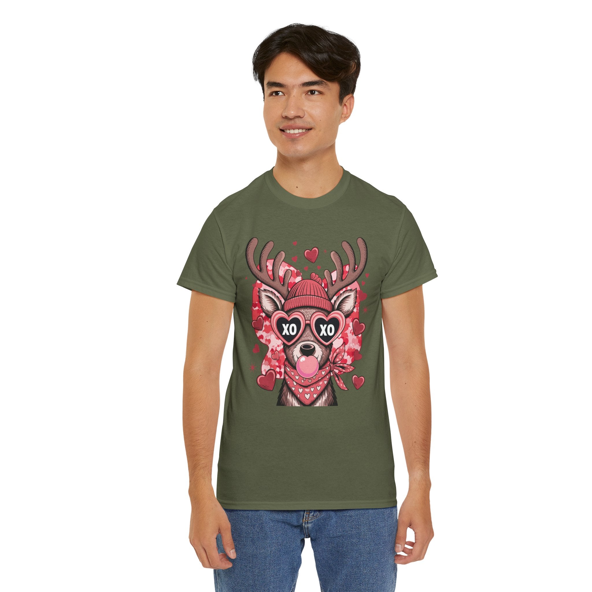 Valentine Deer Tee — Cute XO Heart Glasses, Beanie & Scarf Unisex Cotton Tshirt