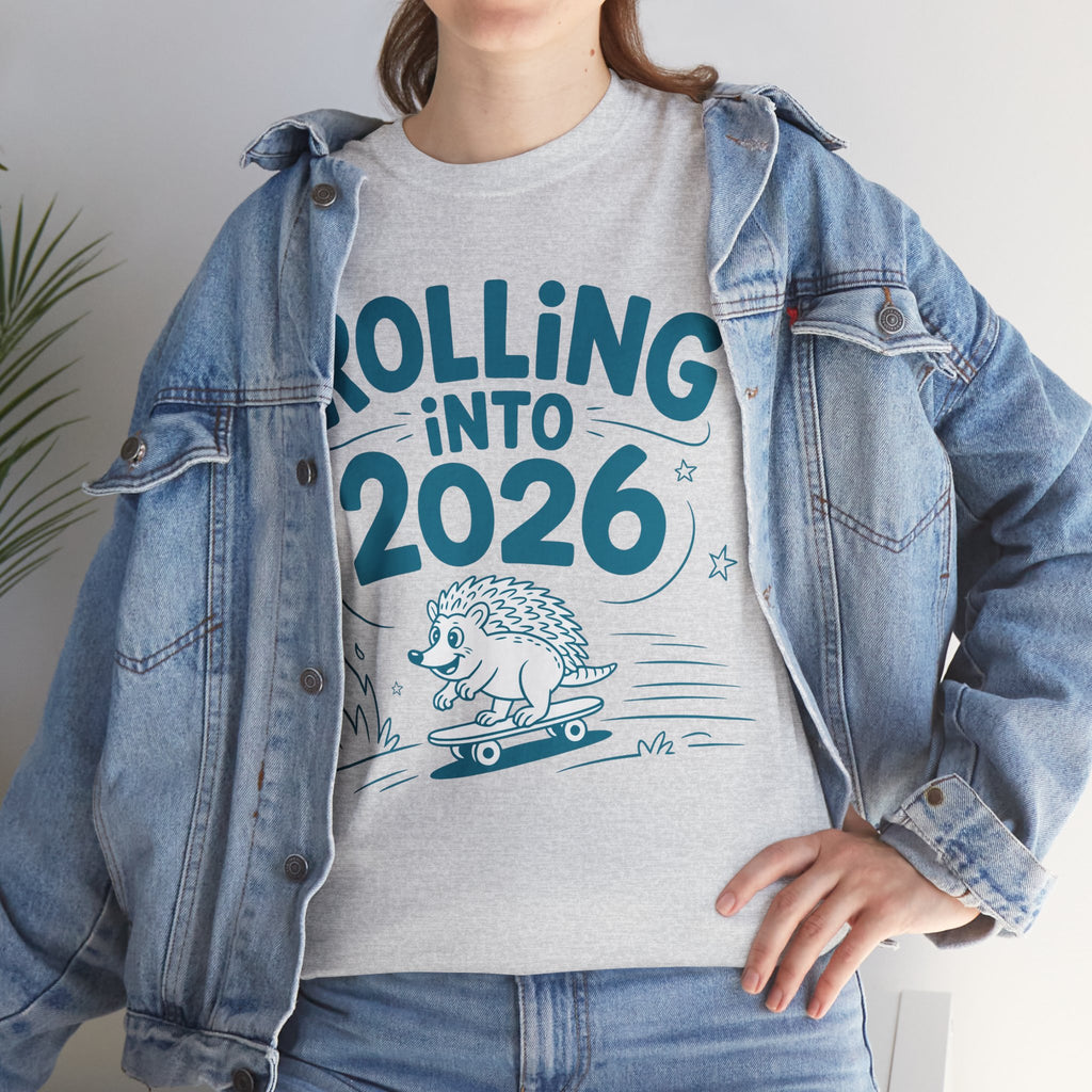 Rolling Into 2026 Hedgehog Skateboard Unisex Cotton Tee