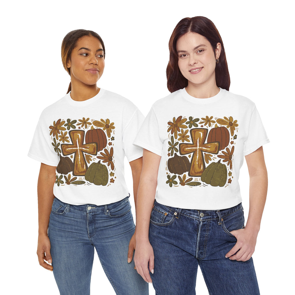 Autumn Cross Tee — Rustic Pumpkin & Fall Floral Christian Unisaex Cotton T-Shirt