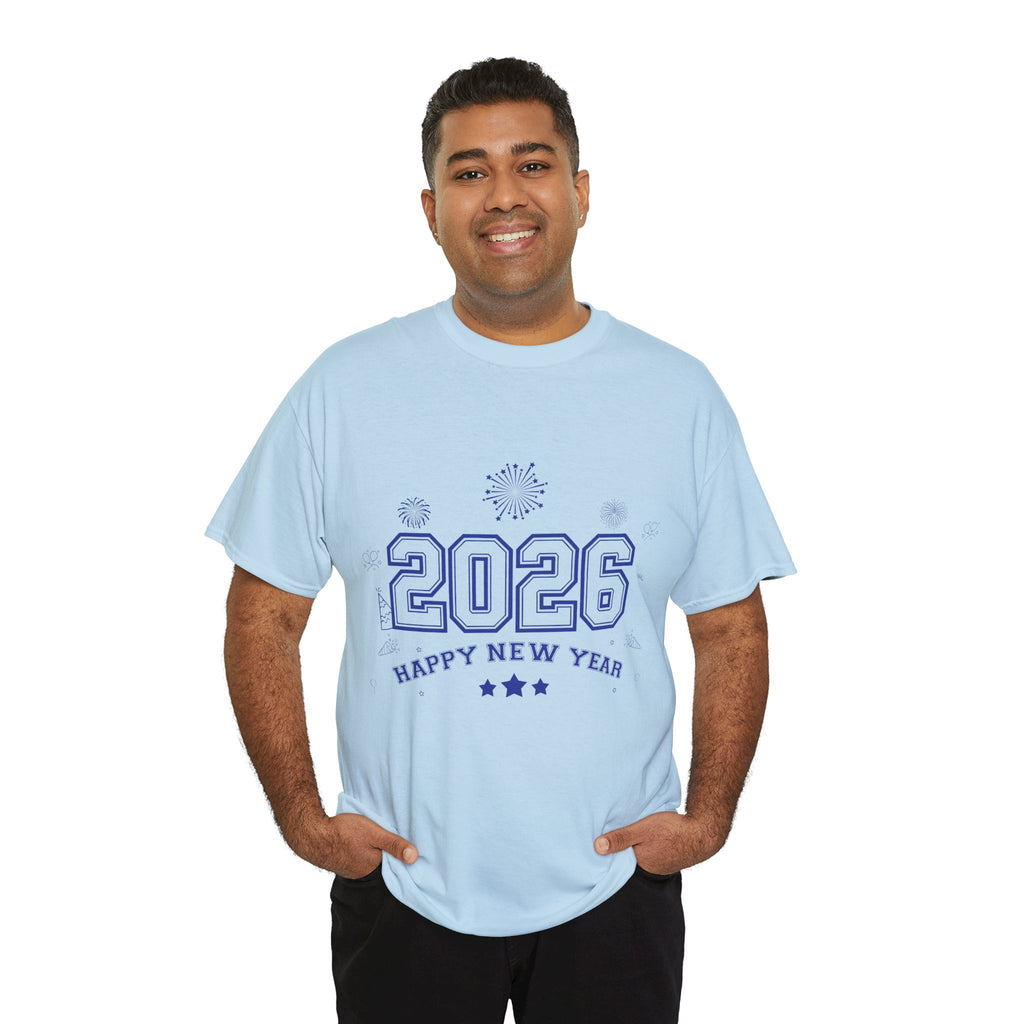 Happy New Year 2026 Varsity Tee — Fireworks & Confetti Celebration Unisex Cotton Tee