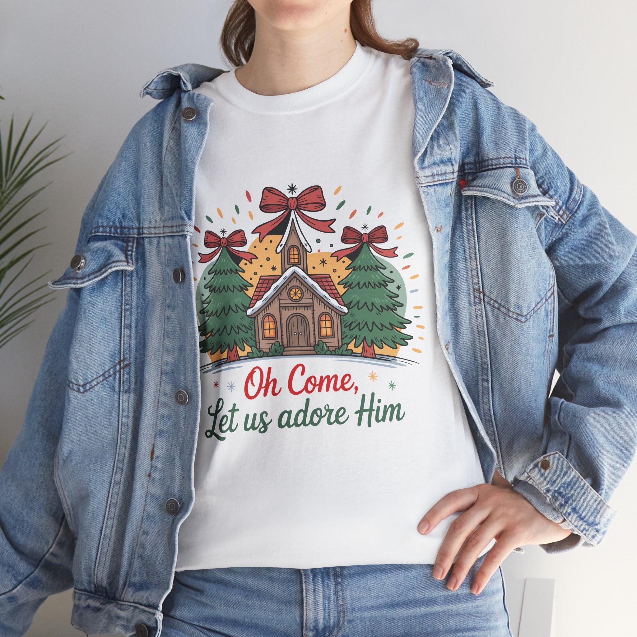 Oh Come Let Us Adore Him Christmas Tee — Church & Trees Holiday Unisex Cotton Tshirt