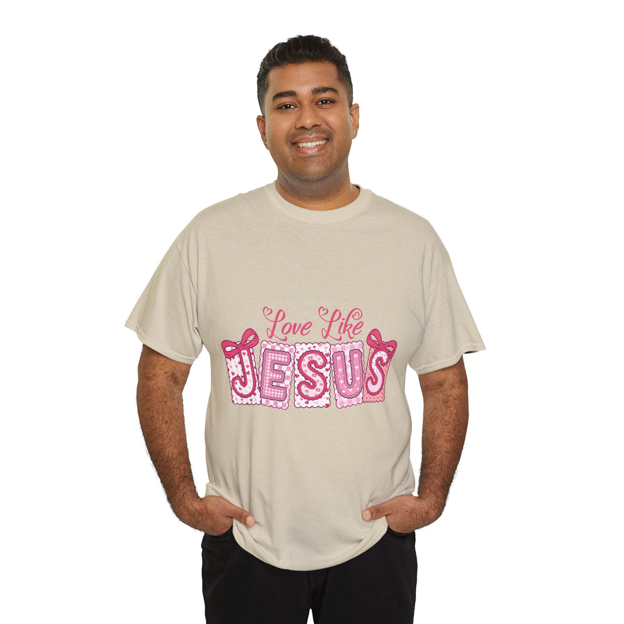 Love Like Jesus Patchwork Tee — Pink Stitched Heart Graphic.Unisex Cotton Tee