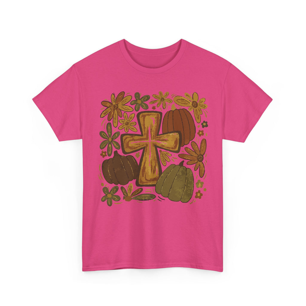 Autumn Cross Tee — Rustic Pumpkin & Fall Floral Christian Unisaex Cotton T-Shirt