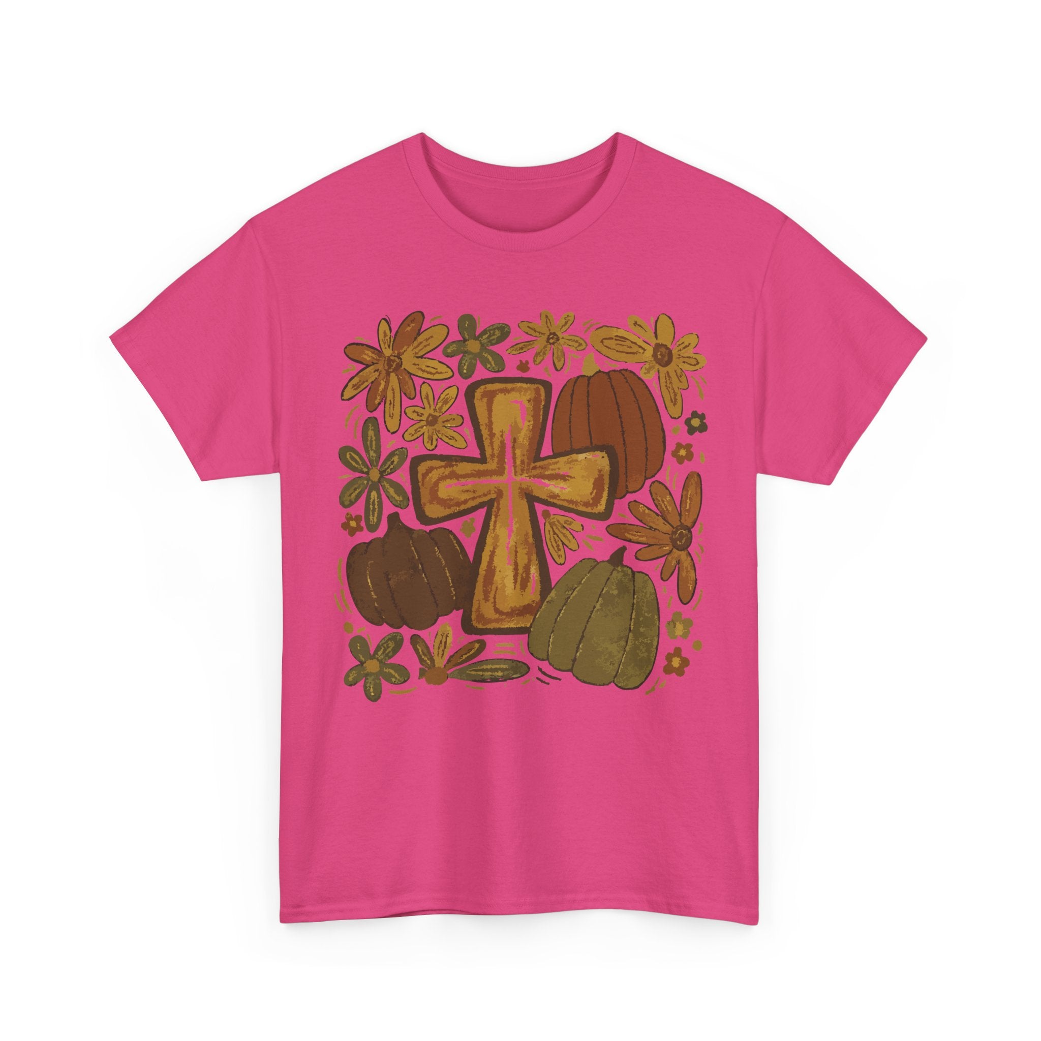Autumn Cross Tee — Rustic Pumpkin & Fall Floral Christian Unisaex Cotton T-Shirt