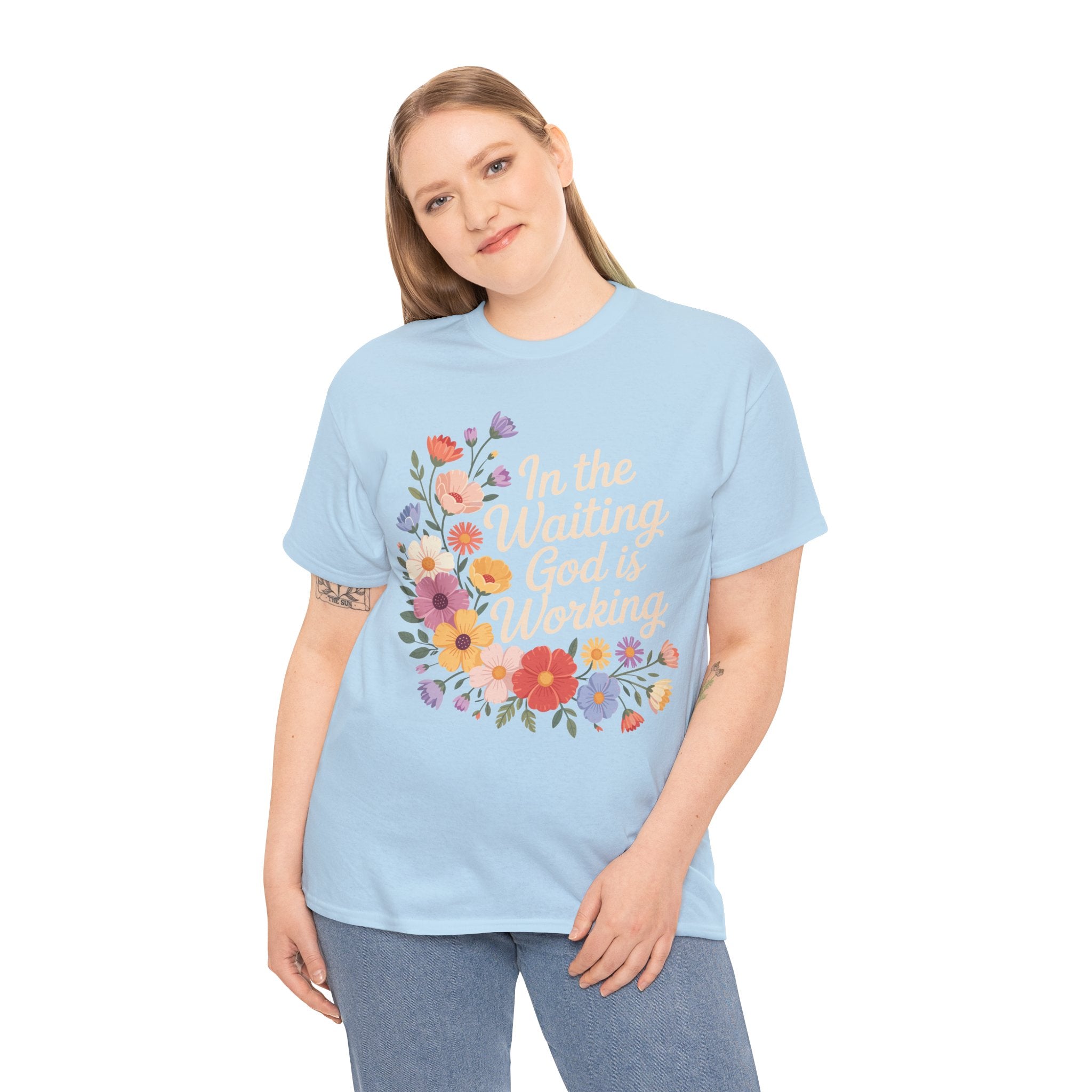 Pastel Floral “In the Waiting God Is Working” Unisex Cotton T-Shirt