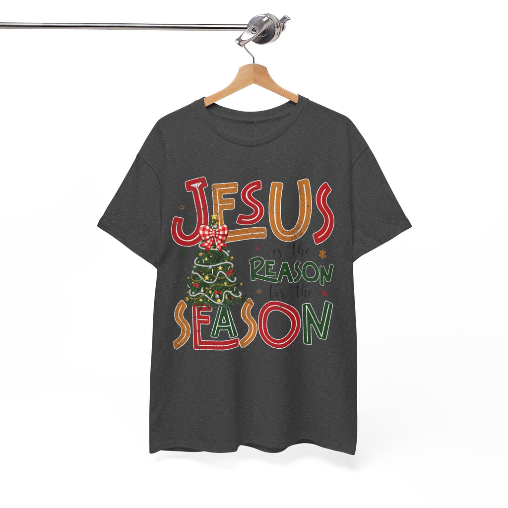 Jesus Is the Reason for the Season Christmas T-Shirt — Plaid Bow Tree..Unisex Cotton Tee