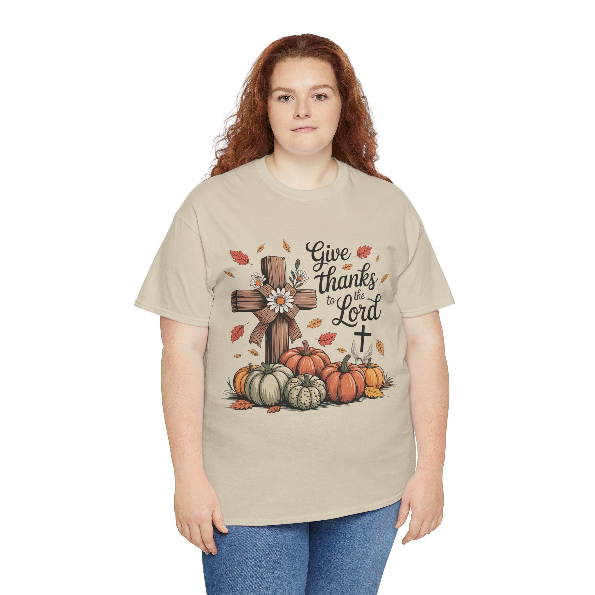 Give Thanks to the Lord Autumn Tee — Wooden Cross, Pumpkins & Daisies..Unisex Cotton Tee