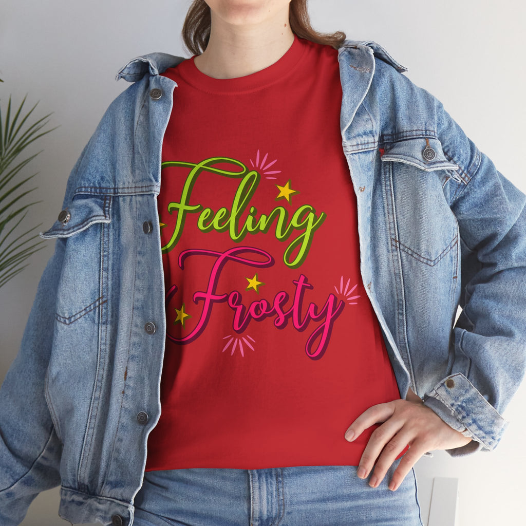 Feeling Frosty Holiday T-Shirt — Green & Pink Script Stars.Unisex Cotton Tee
