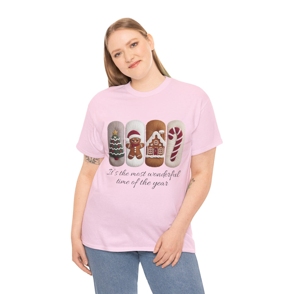 Christmas Faux-Yarn Tree Tee — Gingerbread House & Candy Cane Holiday Unisex Cotton T-Shirt