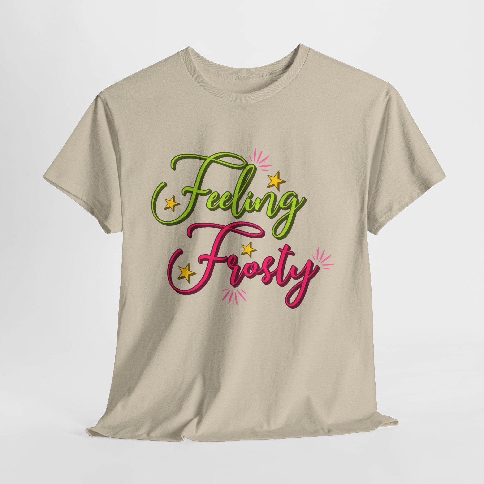 Feeling Frosty Holiday T-Shirt — Green & Pink Script Stars.Unisex Cotton Tee