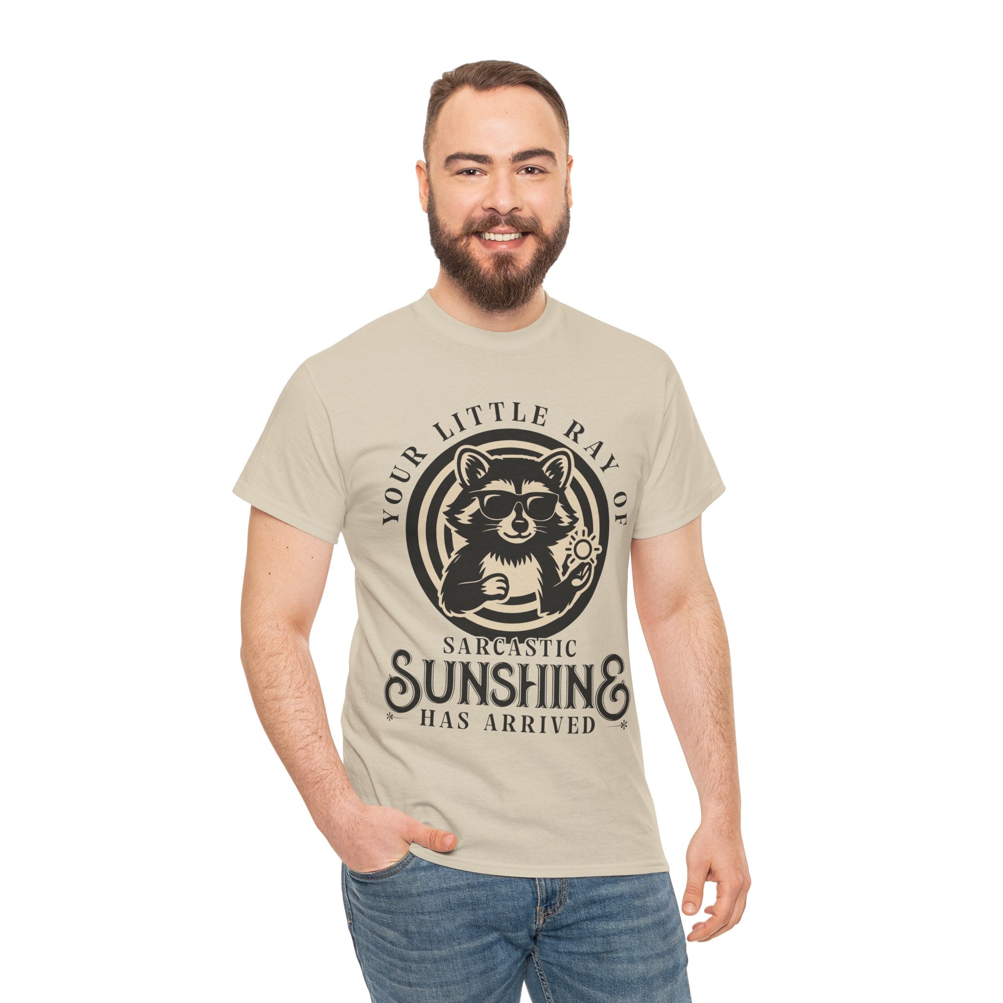 Cool Raccoon Sunglasses T-Shirt — Raccoon Holding Sun Graphic Unisex Cotton Tee