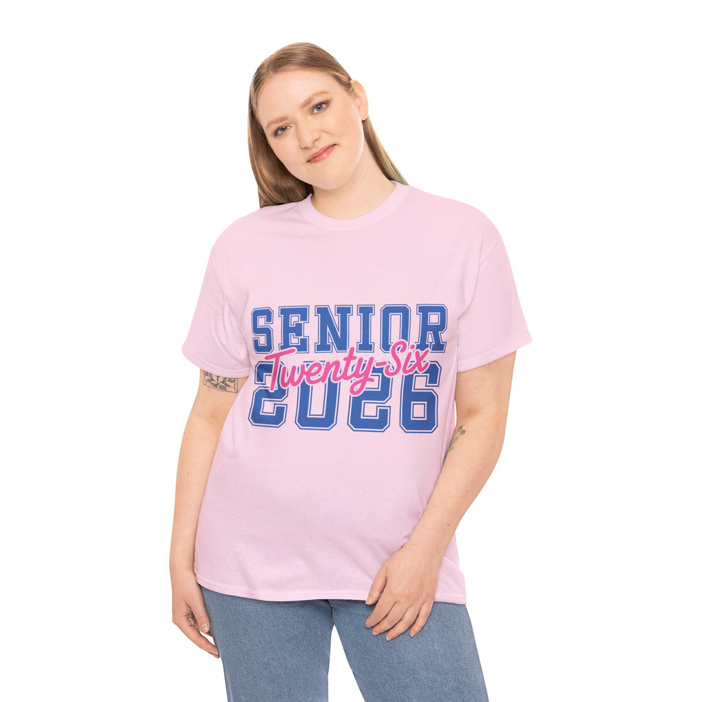 Senior 2026 Tee — Pink Varsity Block with Blue Script Overlay Unisex Cotton Tee