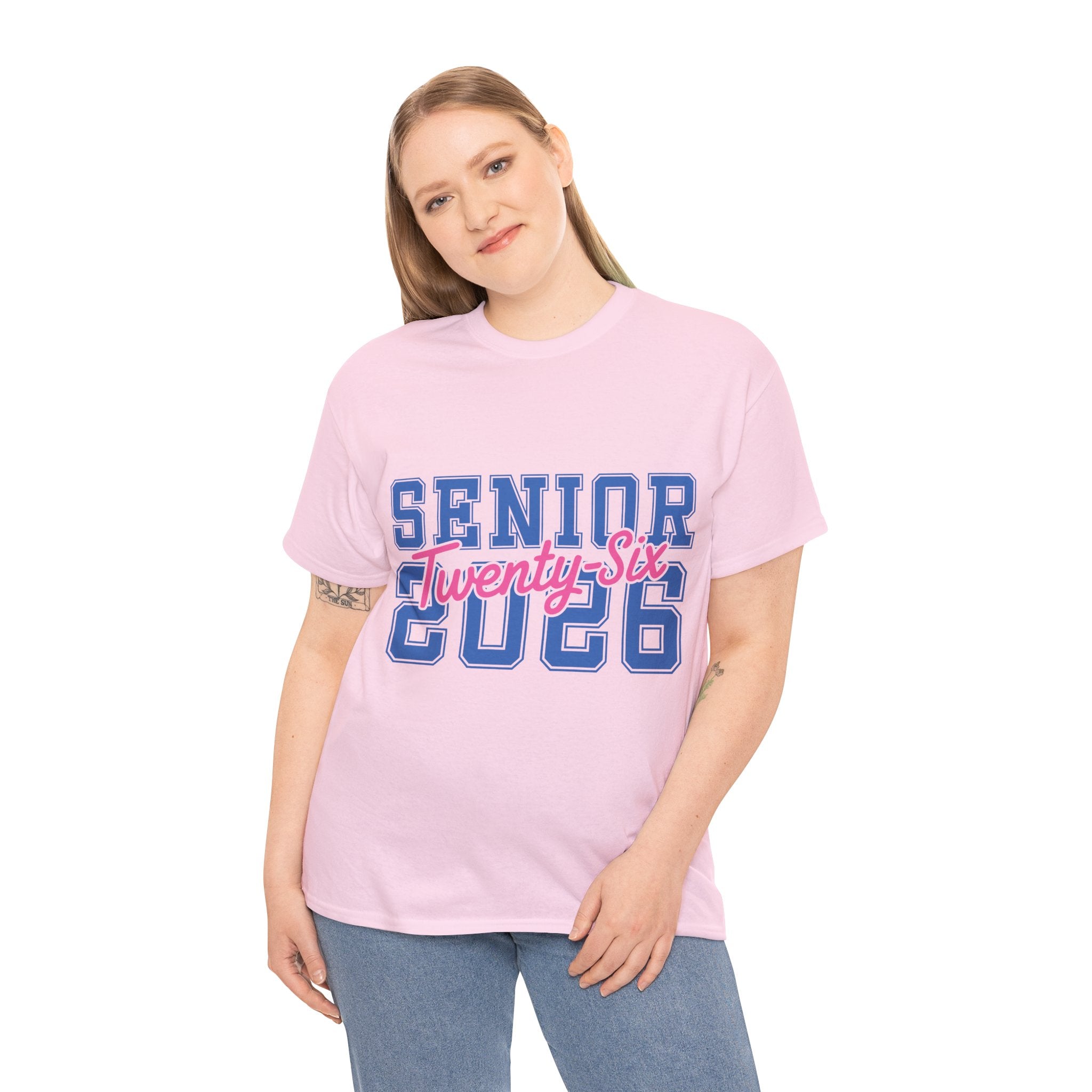 Senior 2026 Tee — Pink Varsity Block with Blue Script Overlay Unisex Cotton Tee