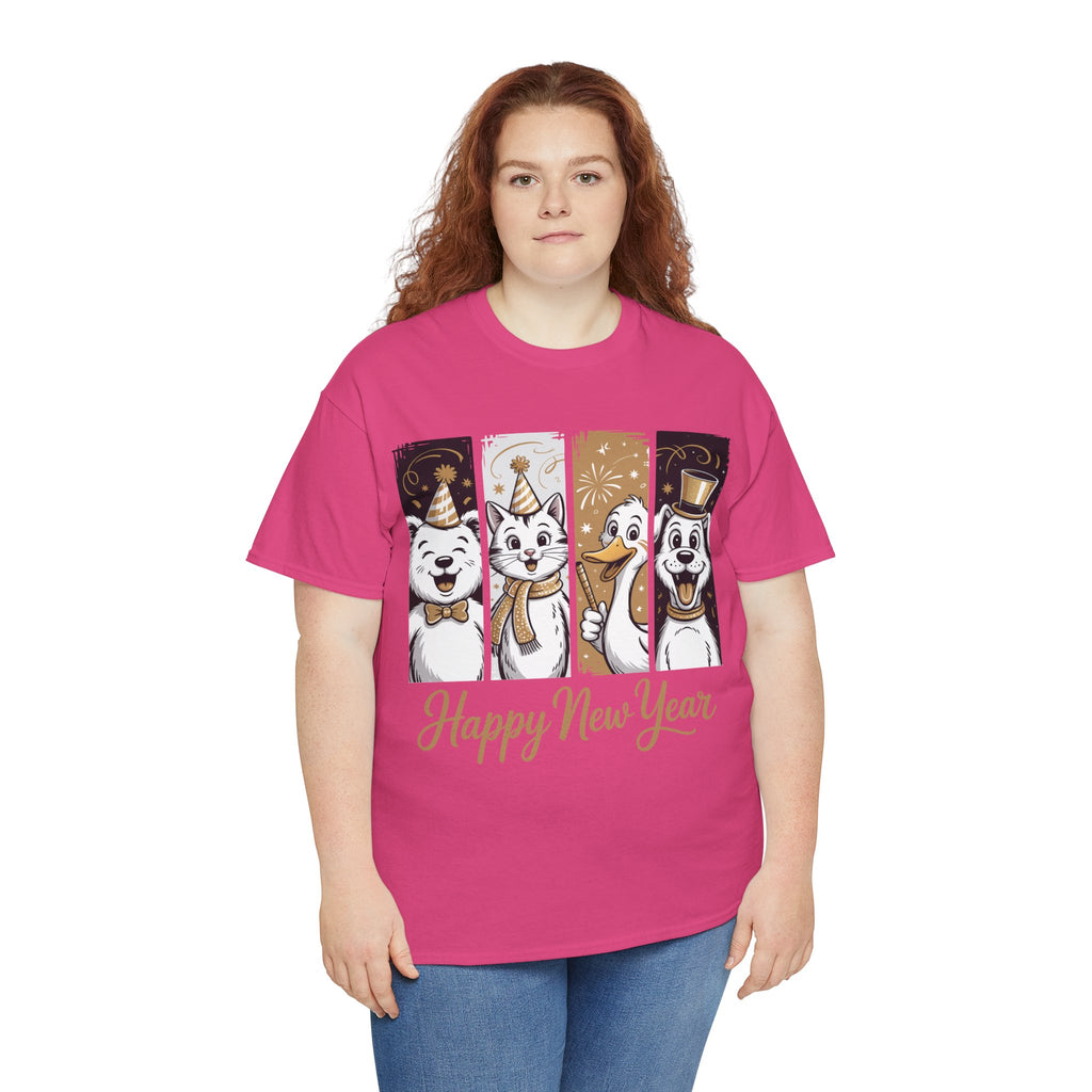 Happy New Year Party Animals T-Shirt — Cute Smiling Animals in Party Hats & Gold Fireworks..Unisex Cotton Tee
