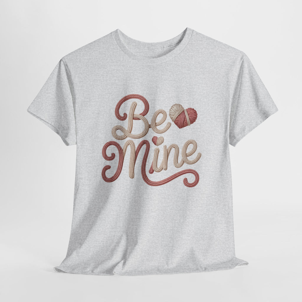 Be Mine Yarn Heart T-Shirt — Valentine’s Faux-Yarn Pink & Cream Unisex Cotton Tee