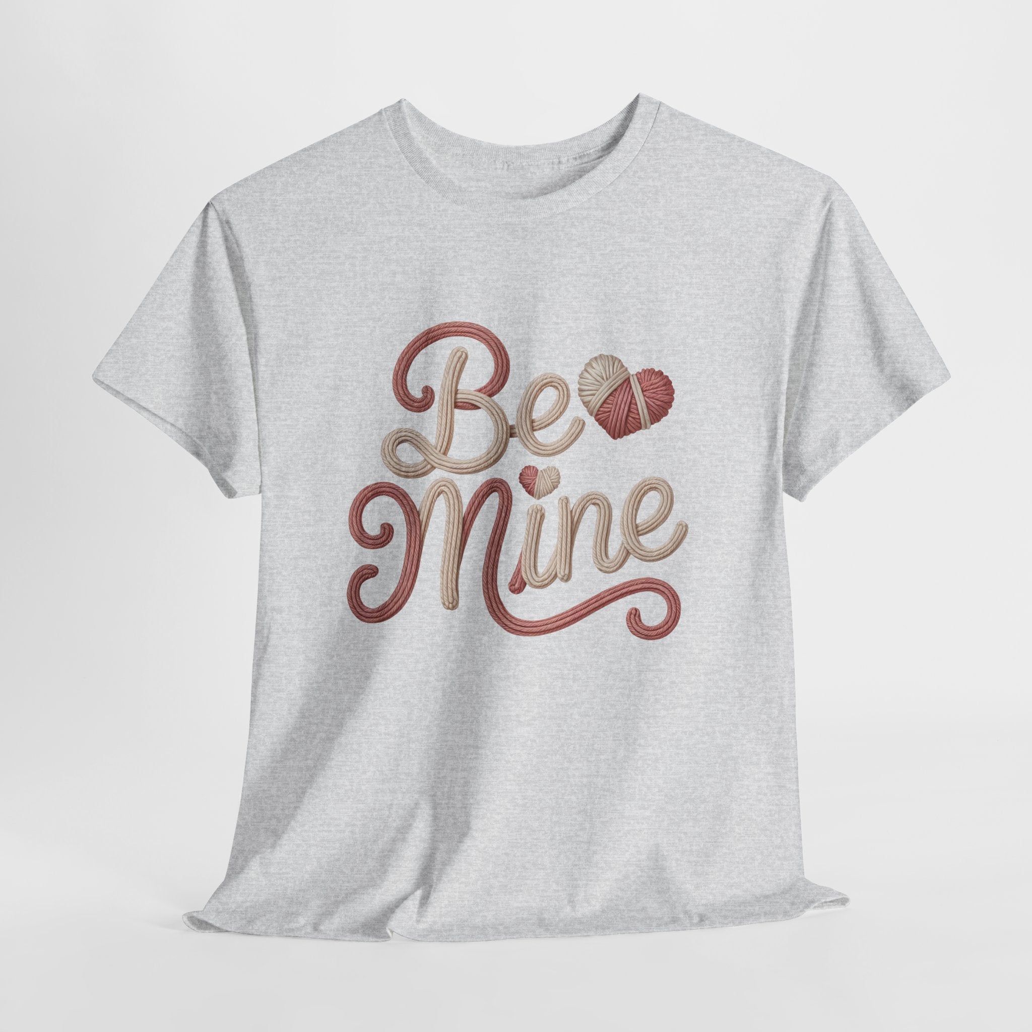 Be Mine Yarn Heart T-Shirt — Valentine’s Faux-Yarn Pink & Cream Unisex Cotton Tee