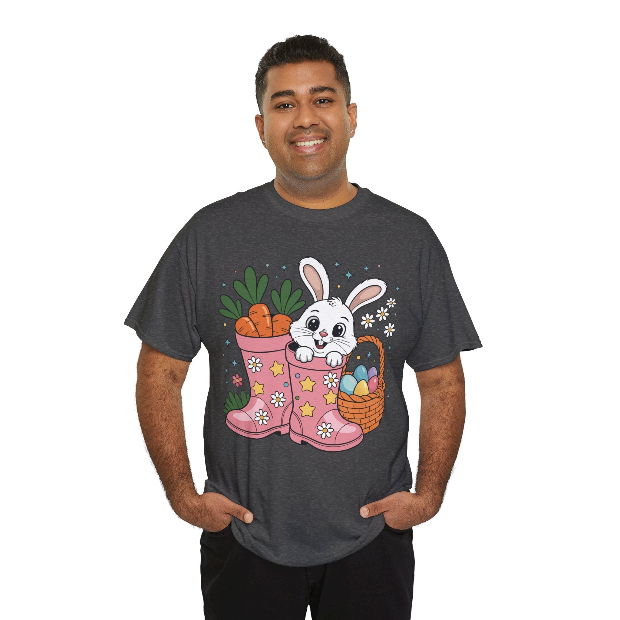 Easter Bunny in Pink Rain Boots T-Shirt — Cartoon Bunny, Carrots & Colorful Eggs Unisex Cotton Tee
