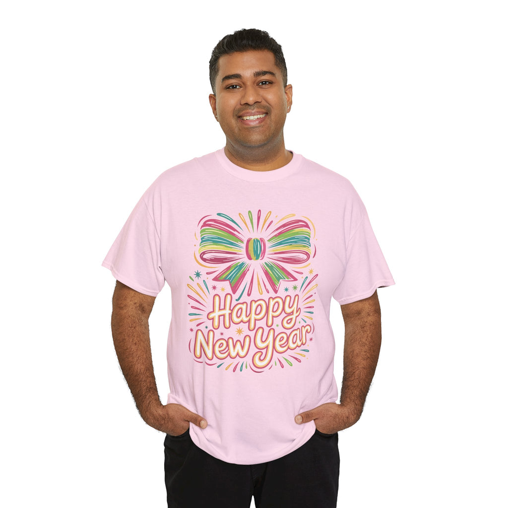 Happy New Year Pastel Tee — Rainbow Bow & Fireworks Celebration Unisex Cotton Tshirt